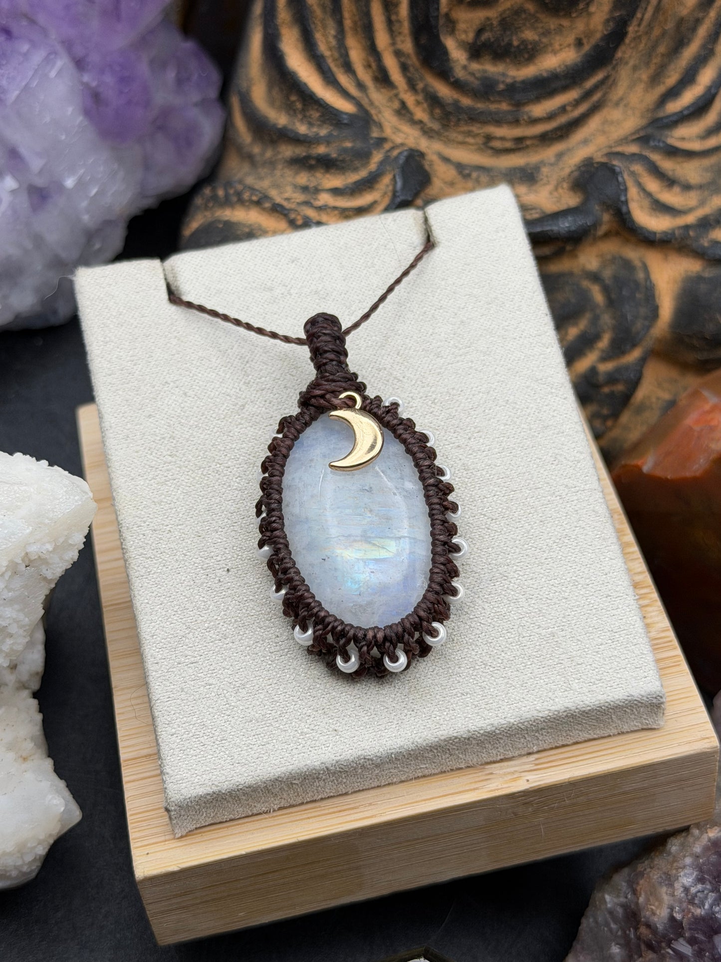The Starlight Sanctuary: Hand-Knotted Moonstone Macrame Necklace