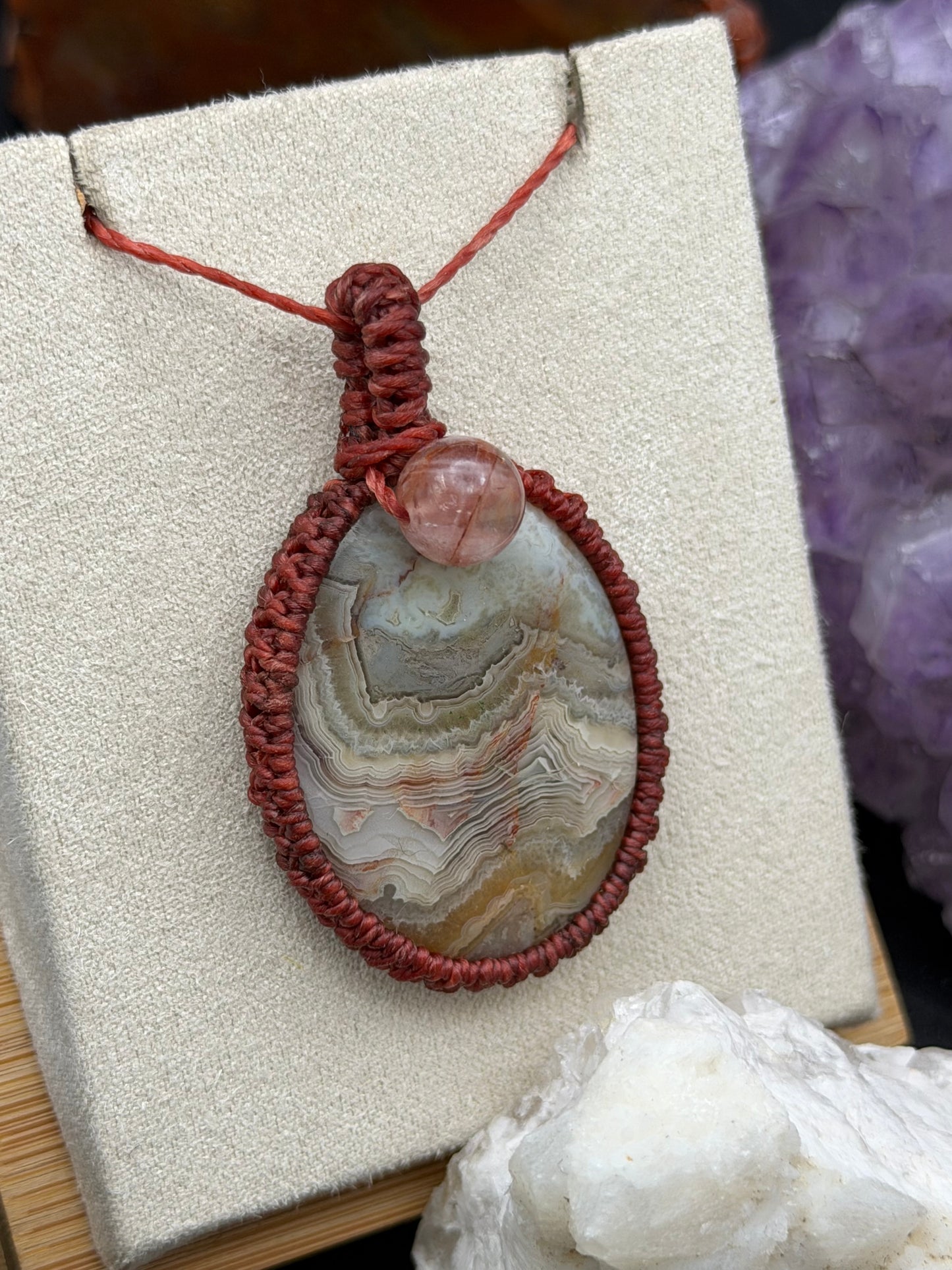 The Rustic Flame: Hand-Knotted Crazy Lace Agate & Fire Quartz Macrame Necklace