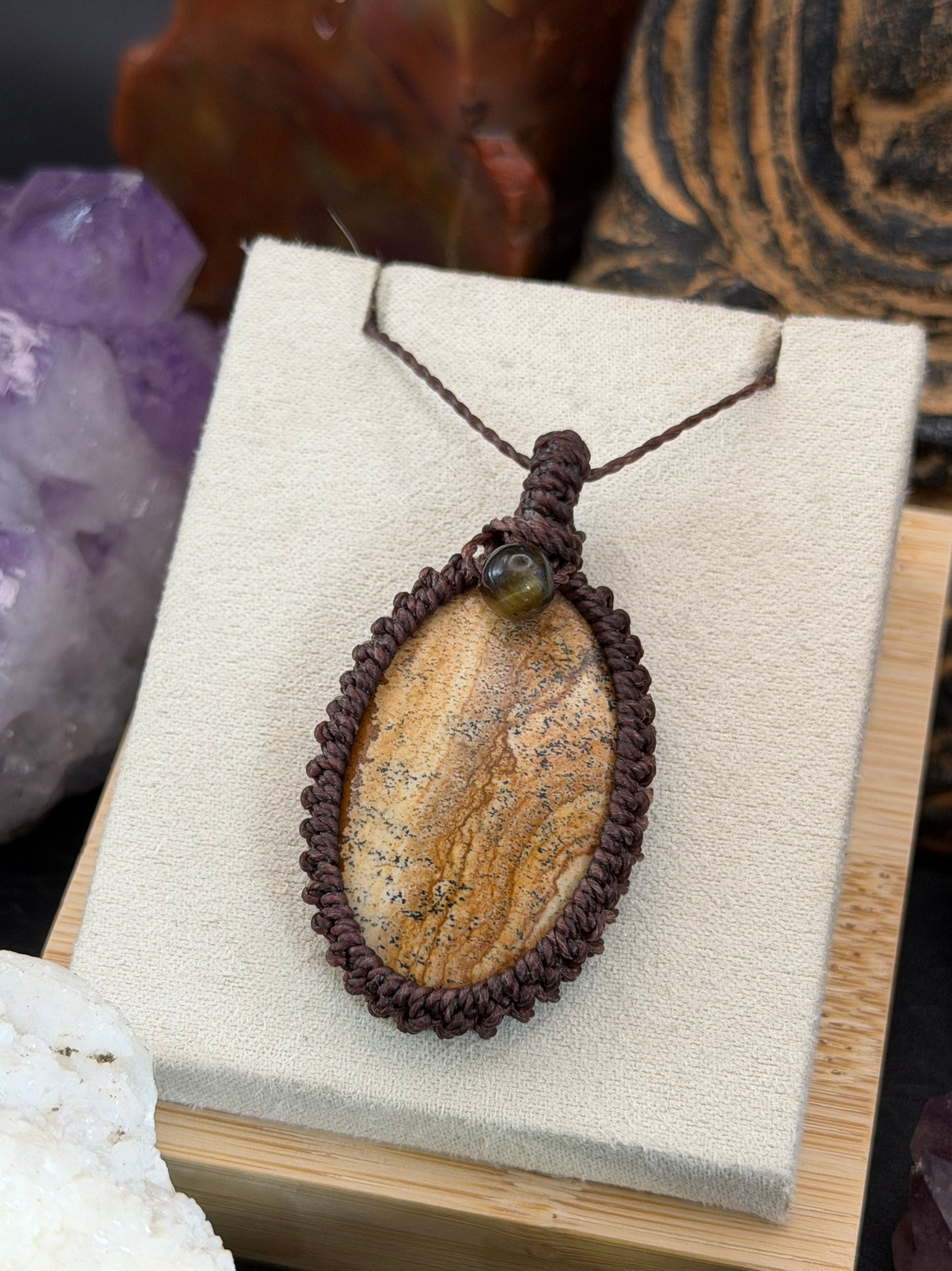 The Steady Centre: Hand-Knotted Picture Jasper & Tiger's Eye Macrame Necklace