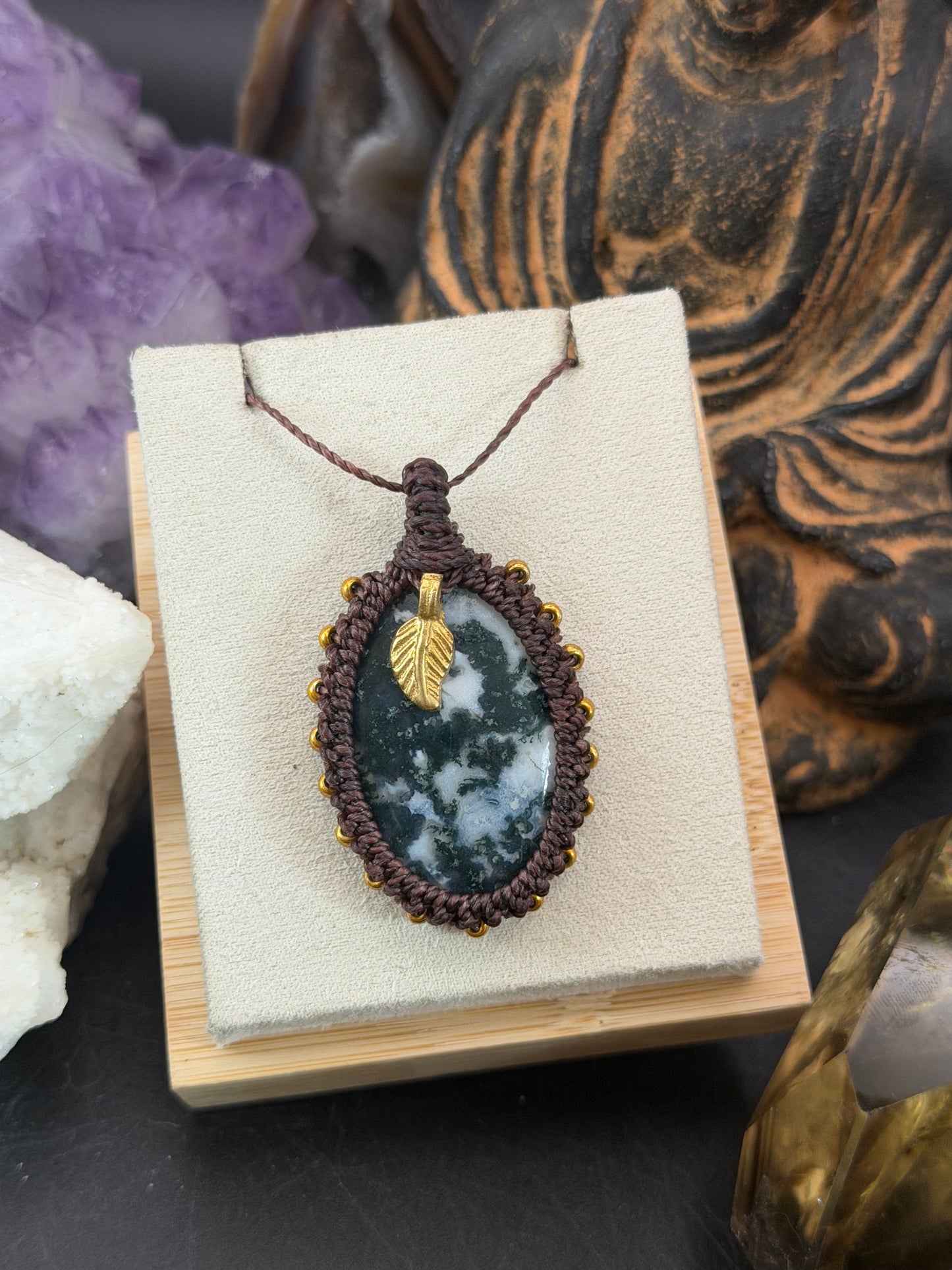 The Lichen Weave: Hand-Knotted Moss Agate Macrame Necklace