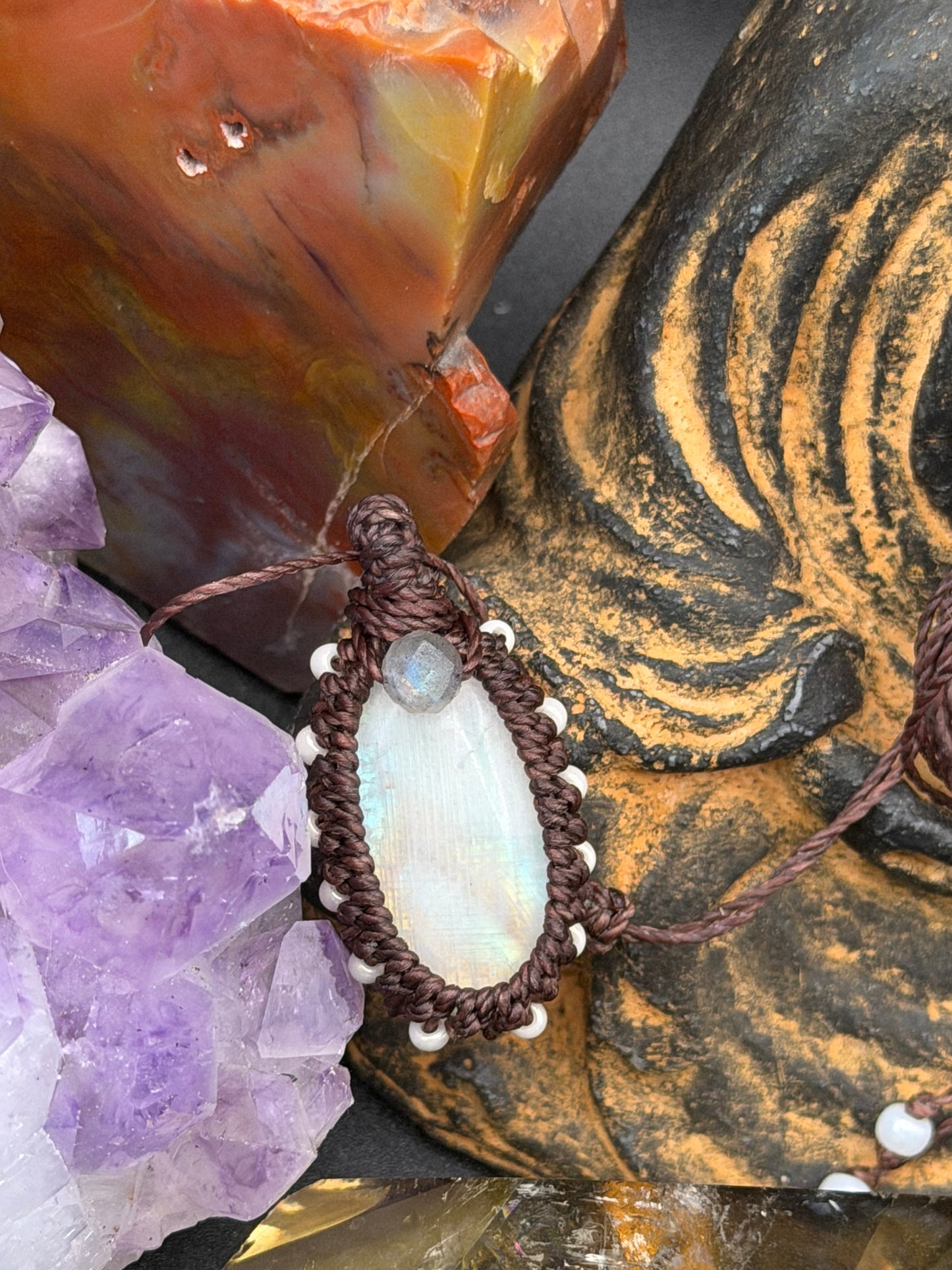 The Starlight Sanctuary: Hand-Knotted Moonstone & Labradorite Macrame Necklace