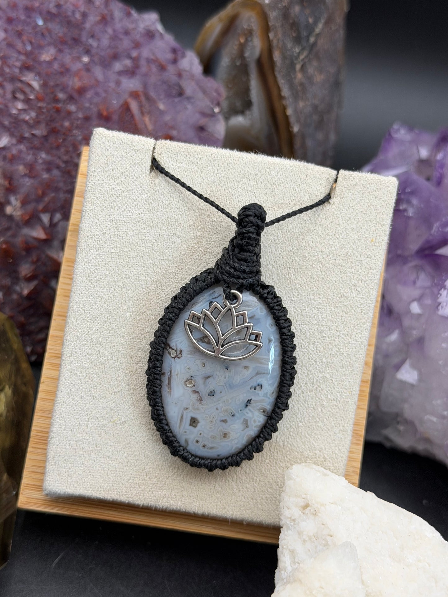 The Stardust Weaver: Hand-Knotted Sagenitic Agate Macrame Necklace