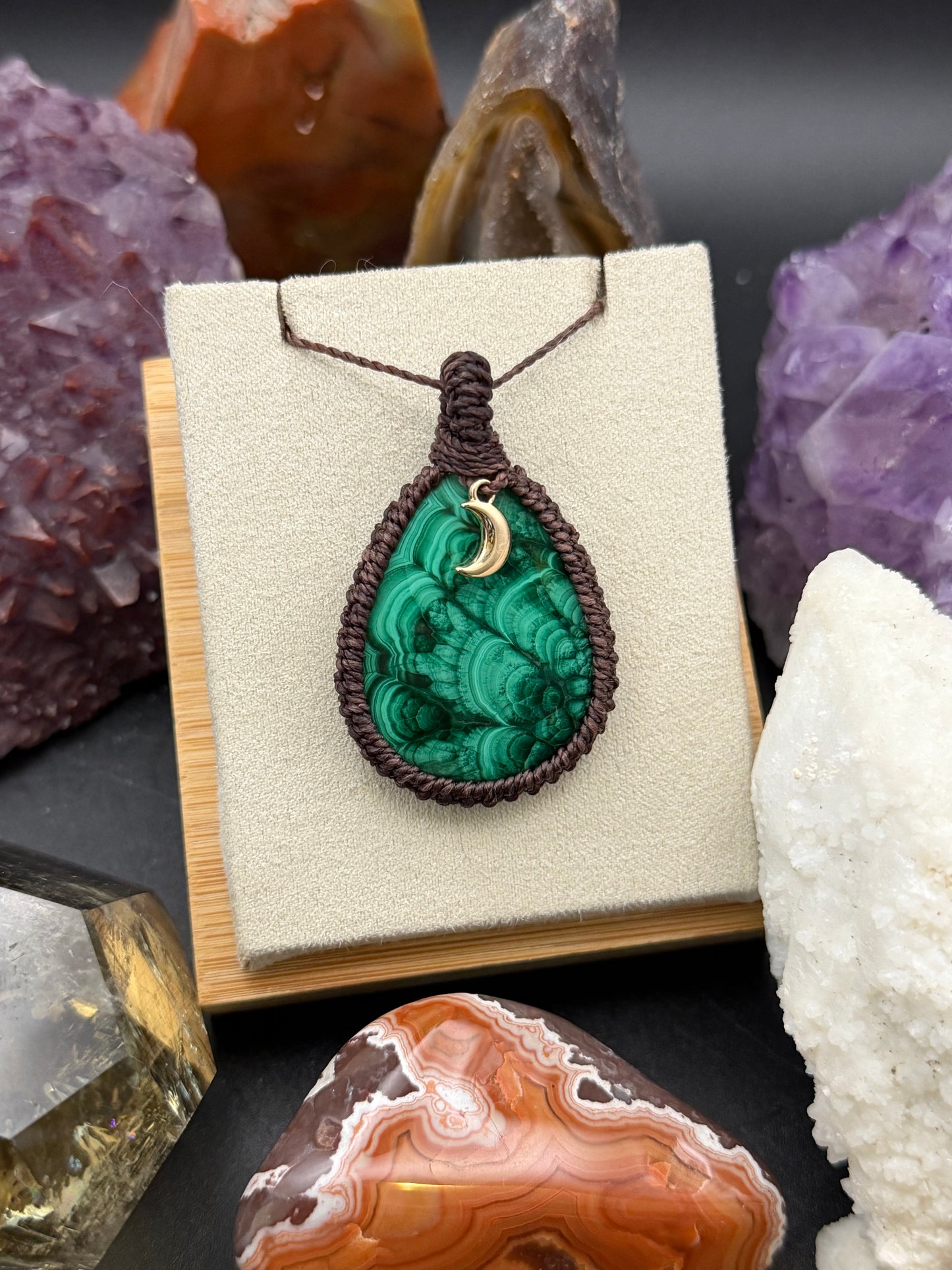 The Mossy Moon: Hand-Knotted Malachite Macrame Necklace