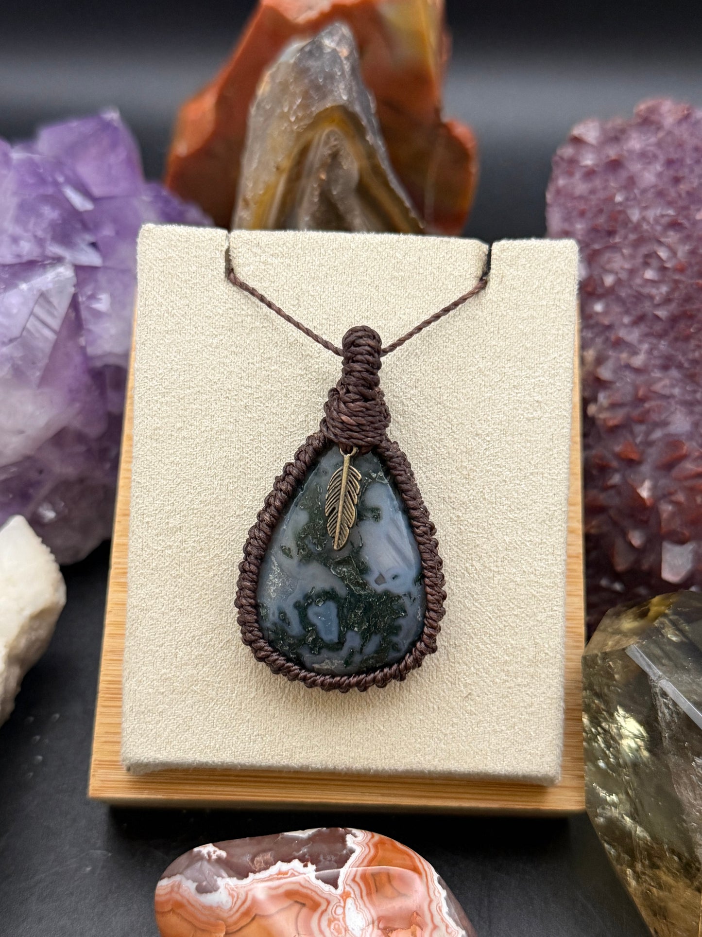 The Lichen Weave: Hand-Knotted Moss Agate Macrame Necklace