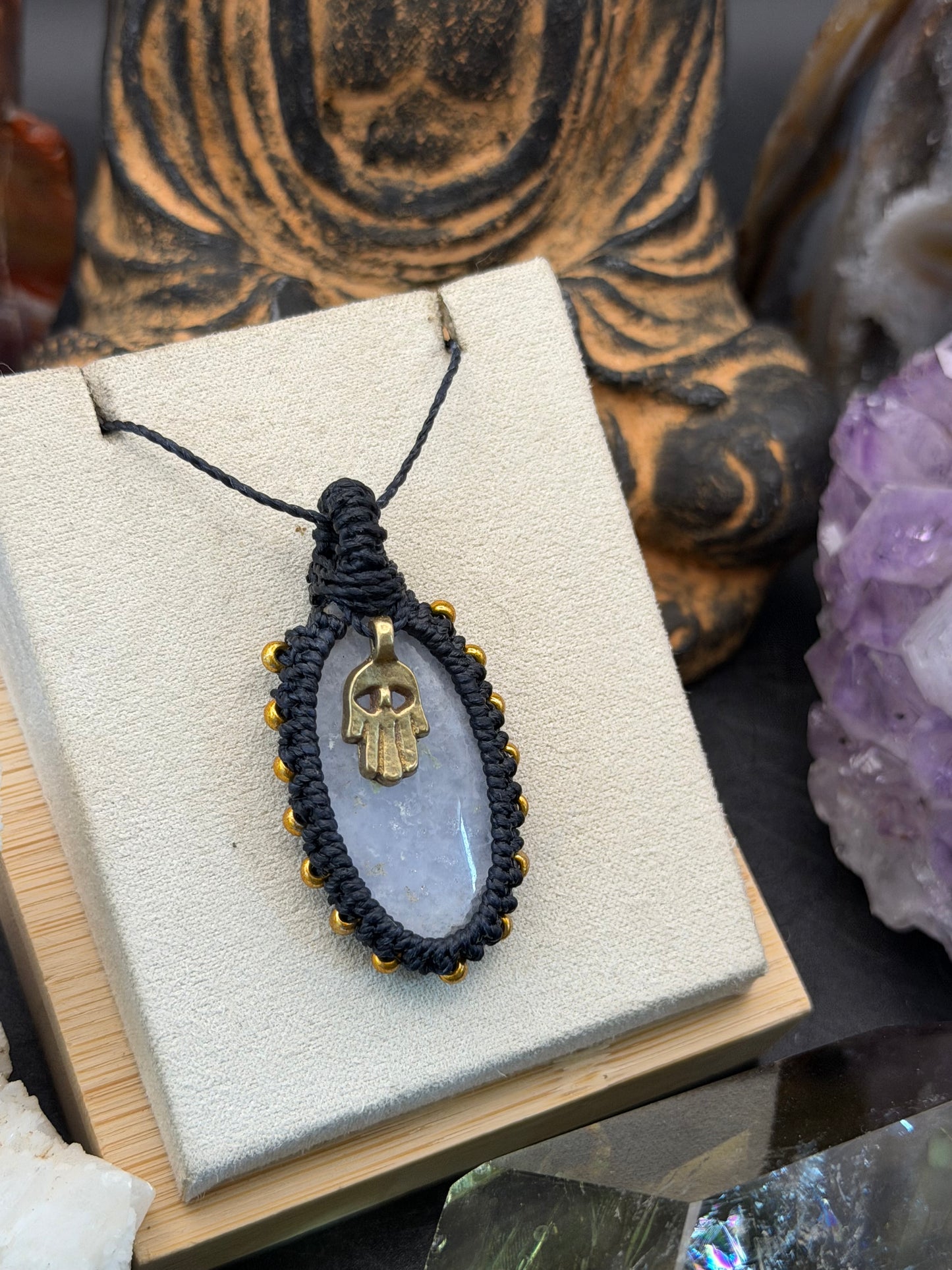 The Serenity Tide: Hand-Knotted Blue Lace Agate Macrame Necklace
