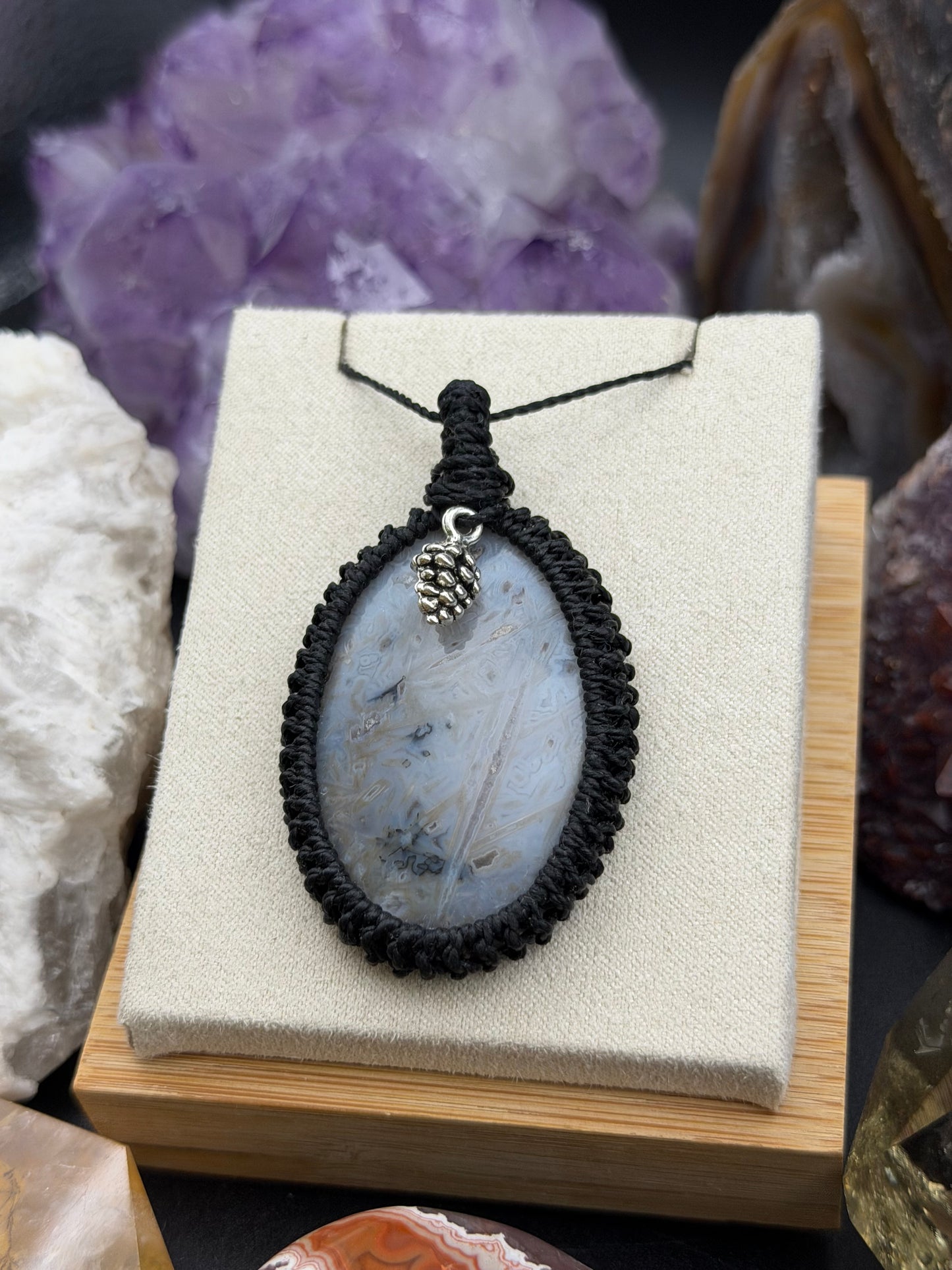 The Winter’s Web: Hand-Knotted Sagenitic Agate Macrame Necklace