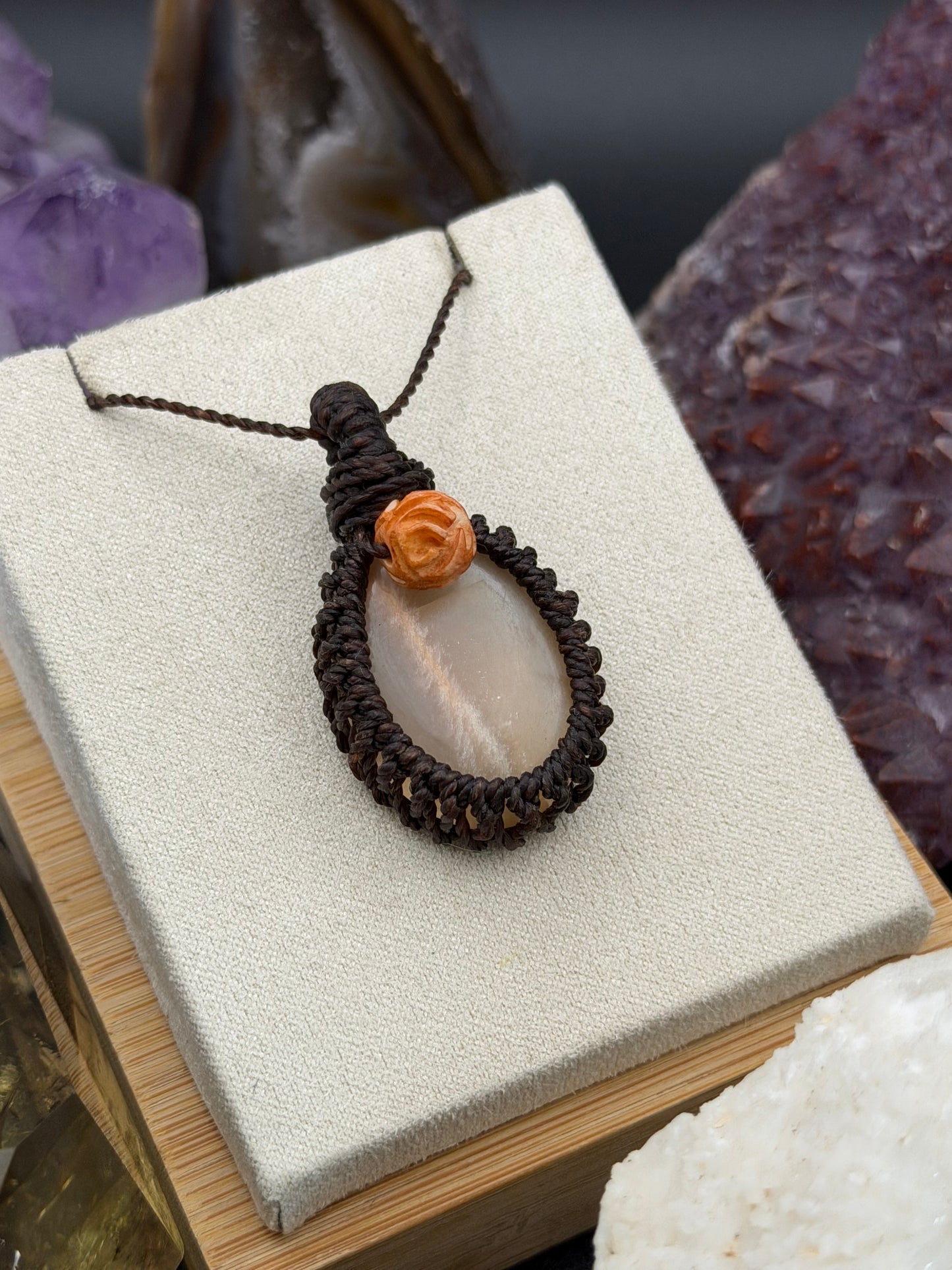 The Solstice Glow: Hand-Knotted Peach Moonstone Macrame Necklace