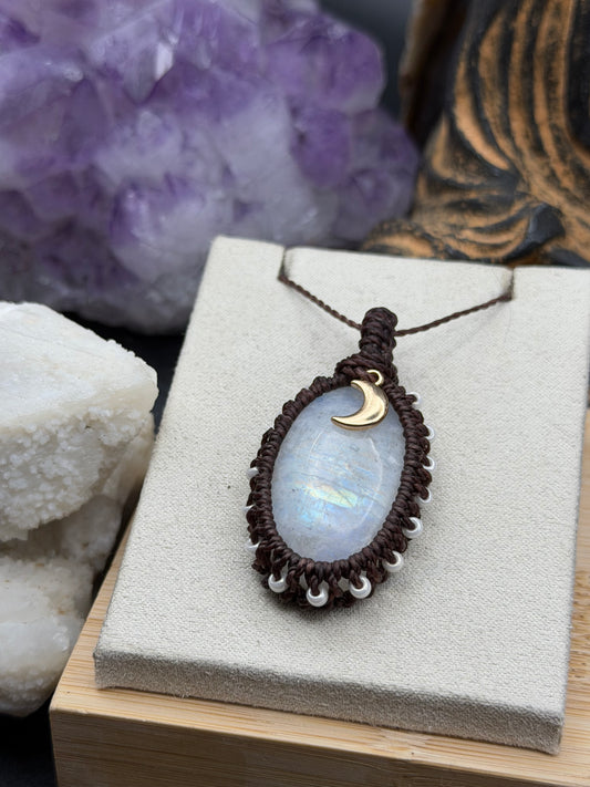 The Starlight Sanctuary: Hand-Knotted Moonstone Macrame Necklace