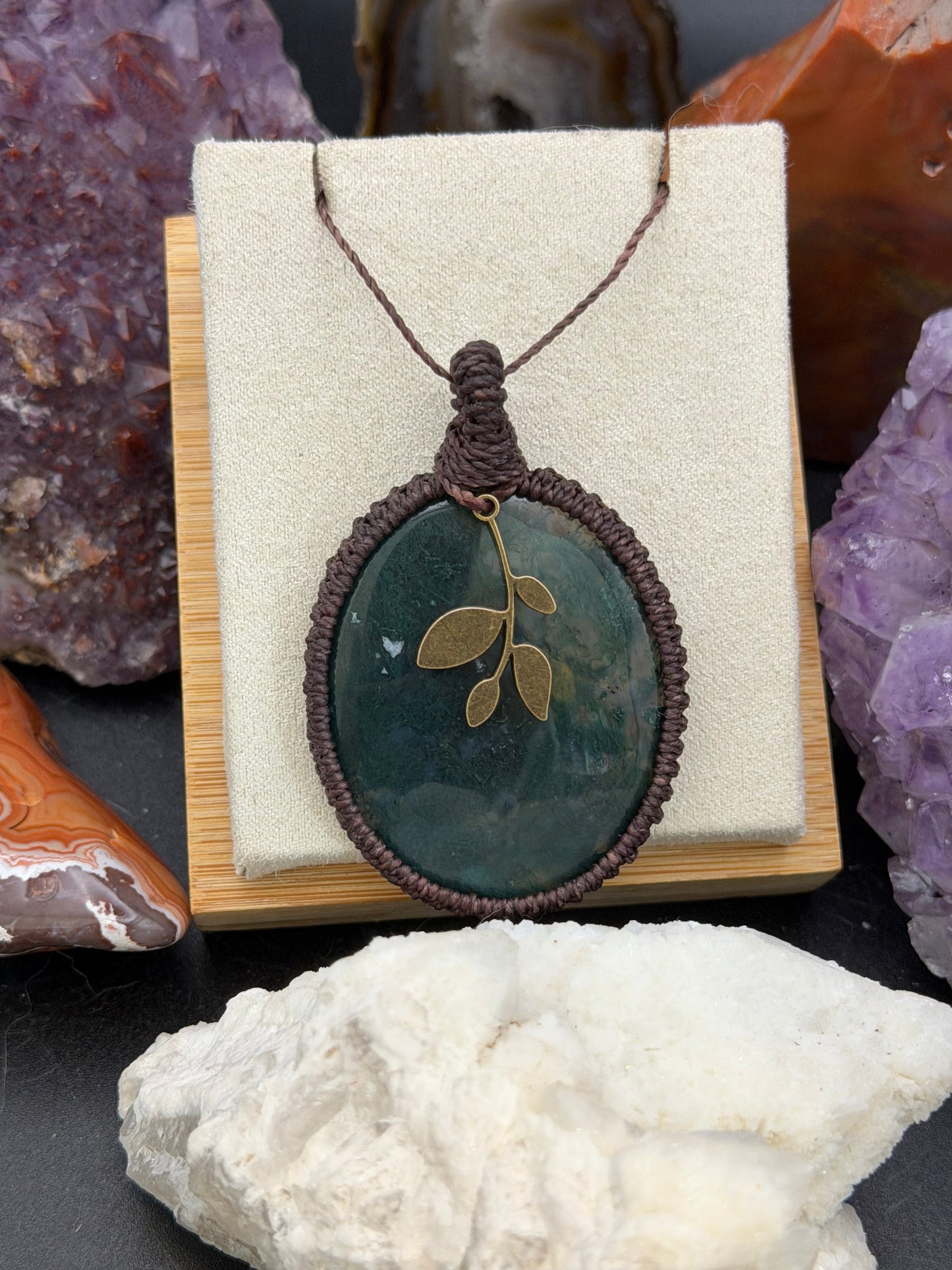 The Ancient Fern: Hand-Knotted Moss Agate Macrame Necklace