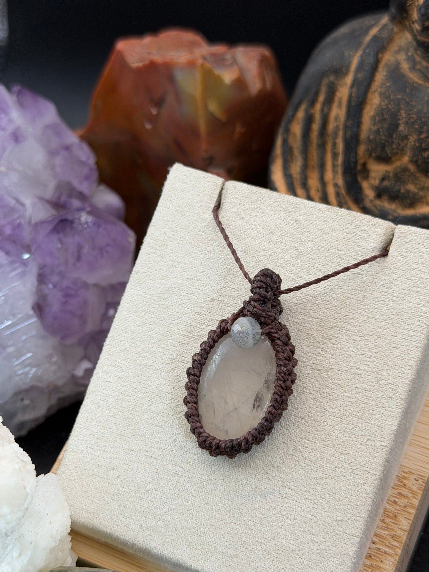The Wildflower Whisper: Hand-Knotted Rose Quartz & Labradorite Macrame Necklace