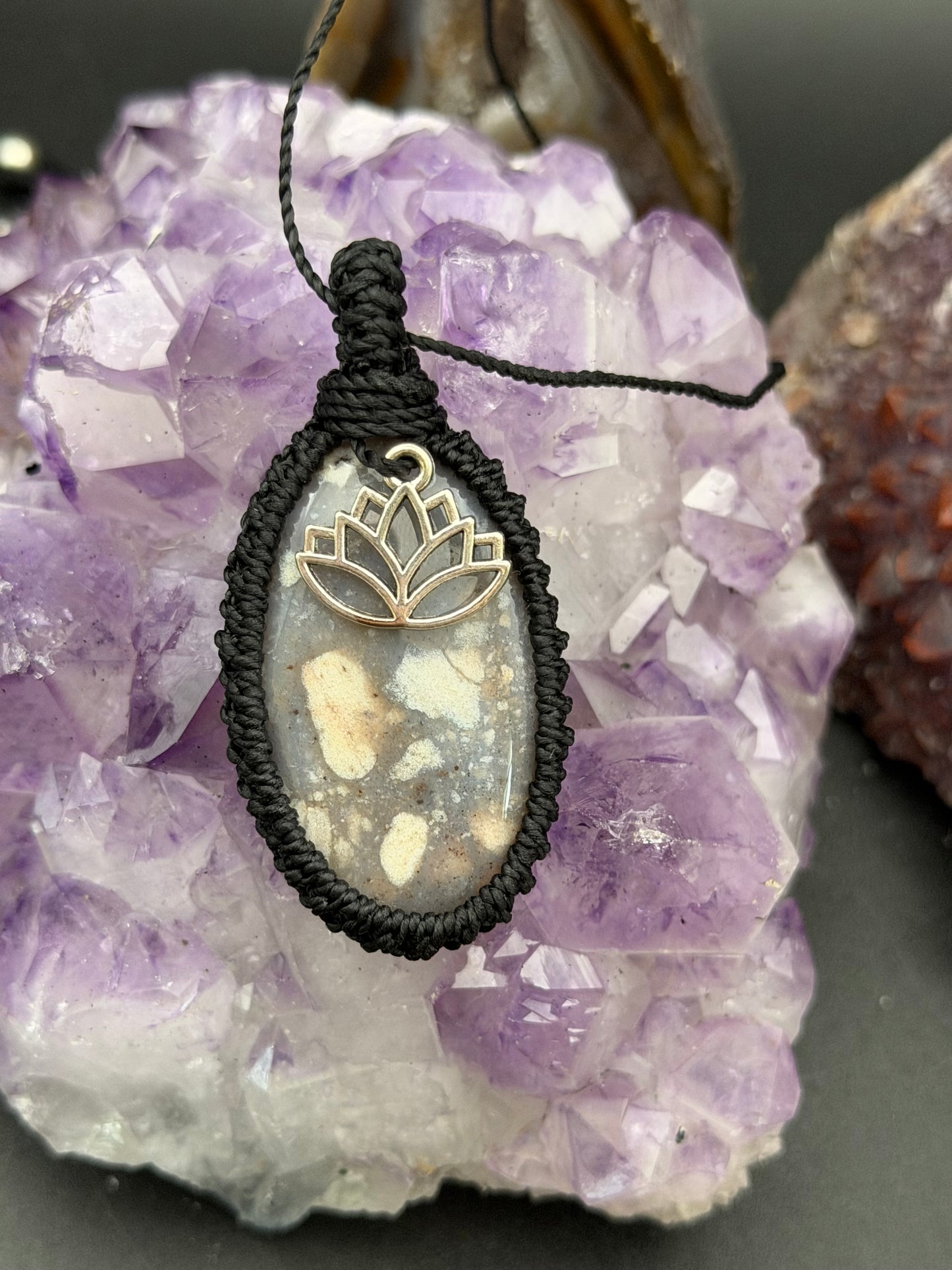 The Lavender Lotus: Hand-Knotted Purple Chalcedony Macrame Necklace