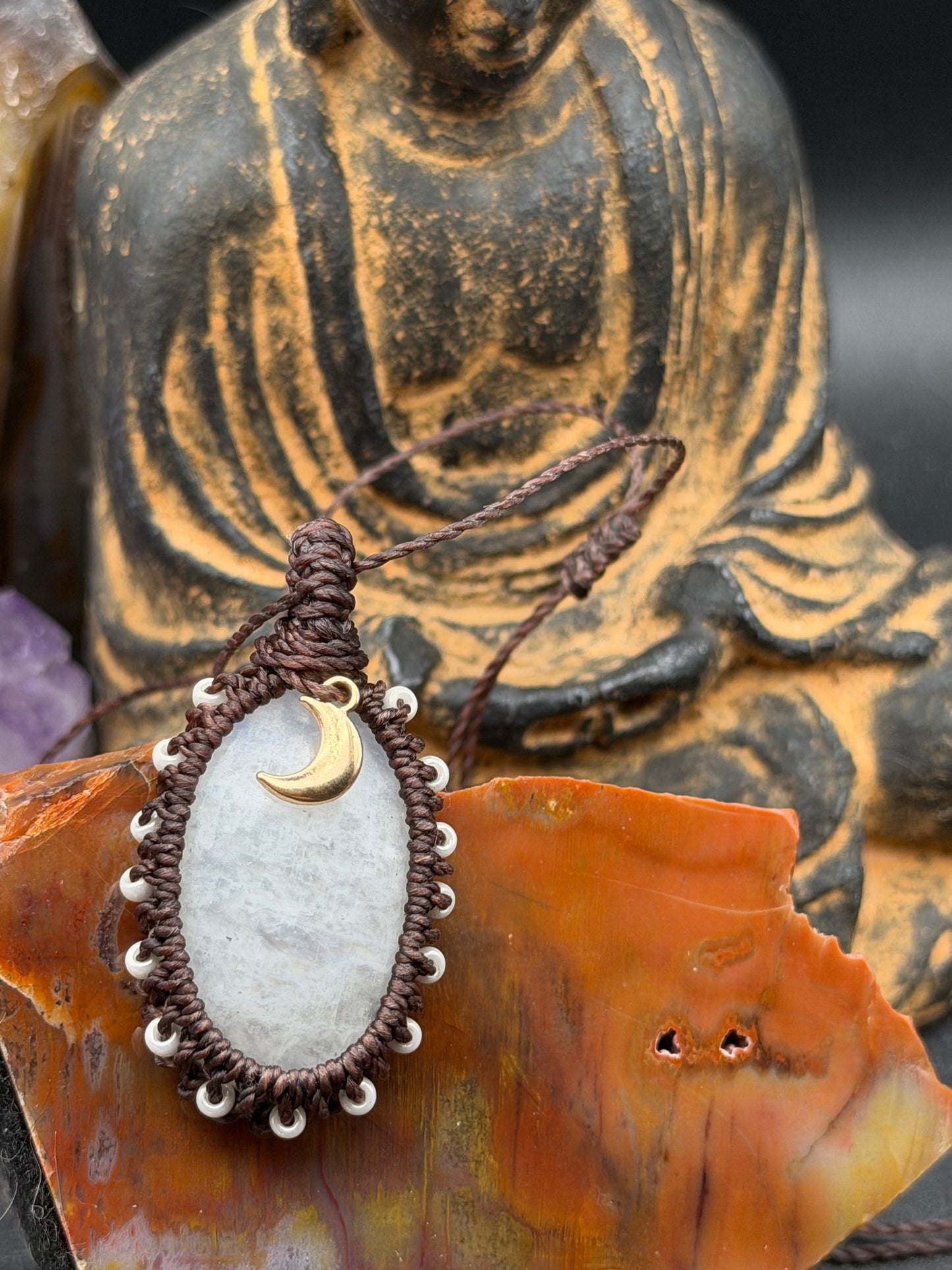 The Starlight Sanctuary: Hand-Knotted Moonstone Macrame Necklace