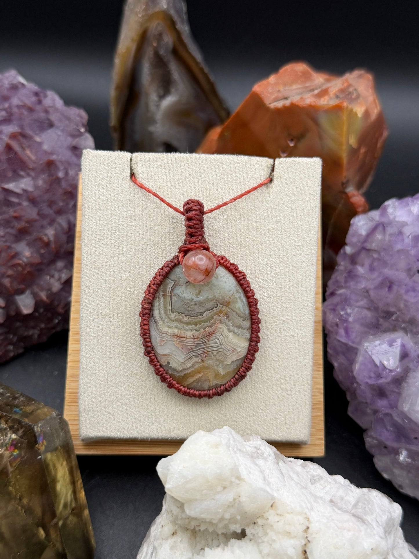 The Rustic Flame: Hand-Knotted Crazy Lace Agate & Fire Quartz Macrame Necklace