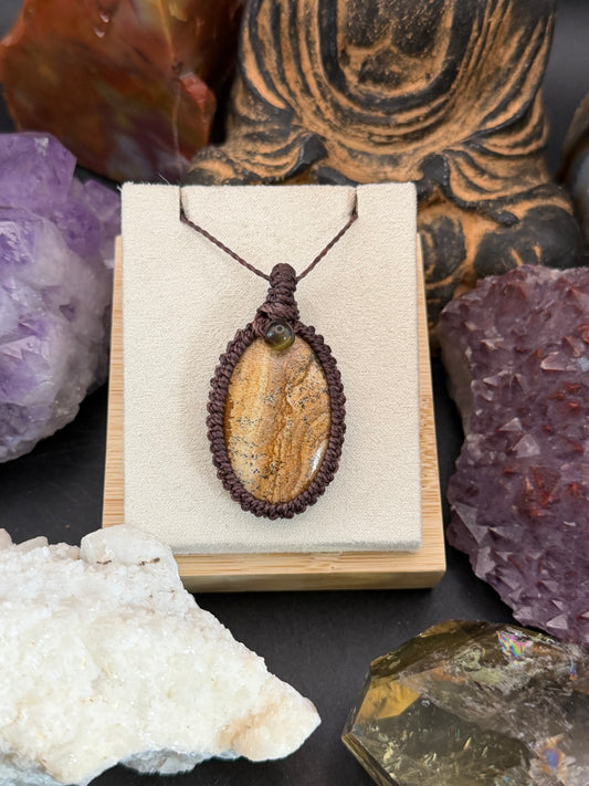 The Steady Centre: Hand-Knotted Picture Jasper & Tiger's Eye Macrame Necklace