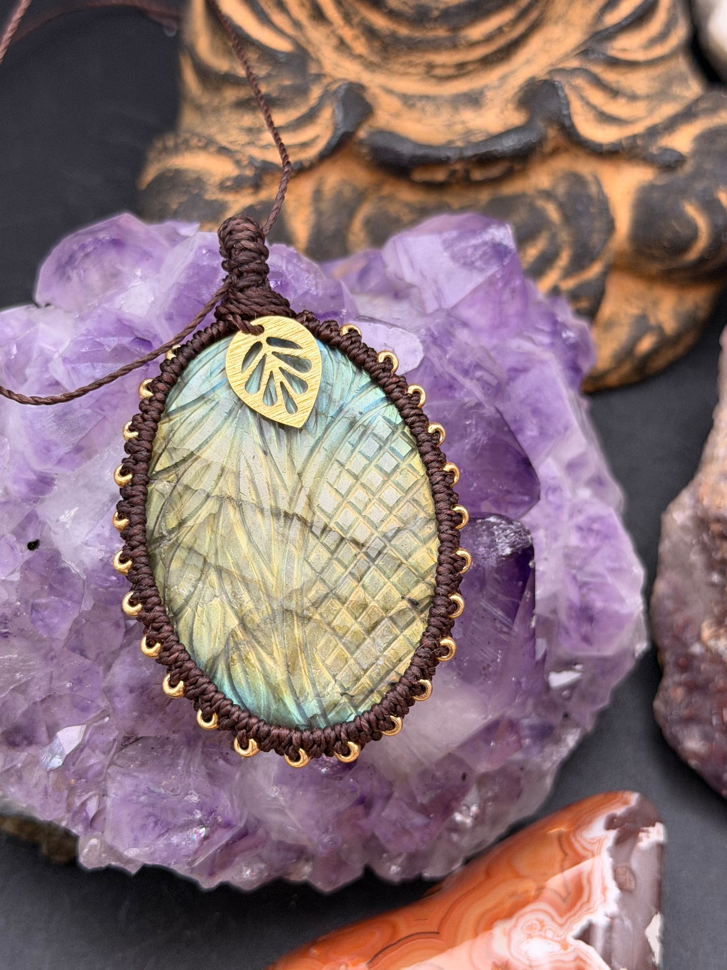The Celestial Aura: Hand-Knotted Labradorite Macrame Necklace