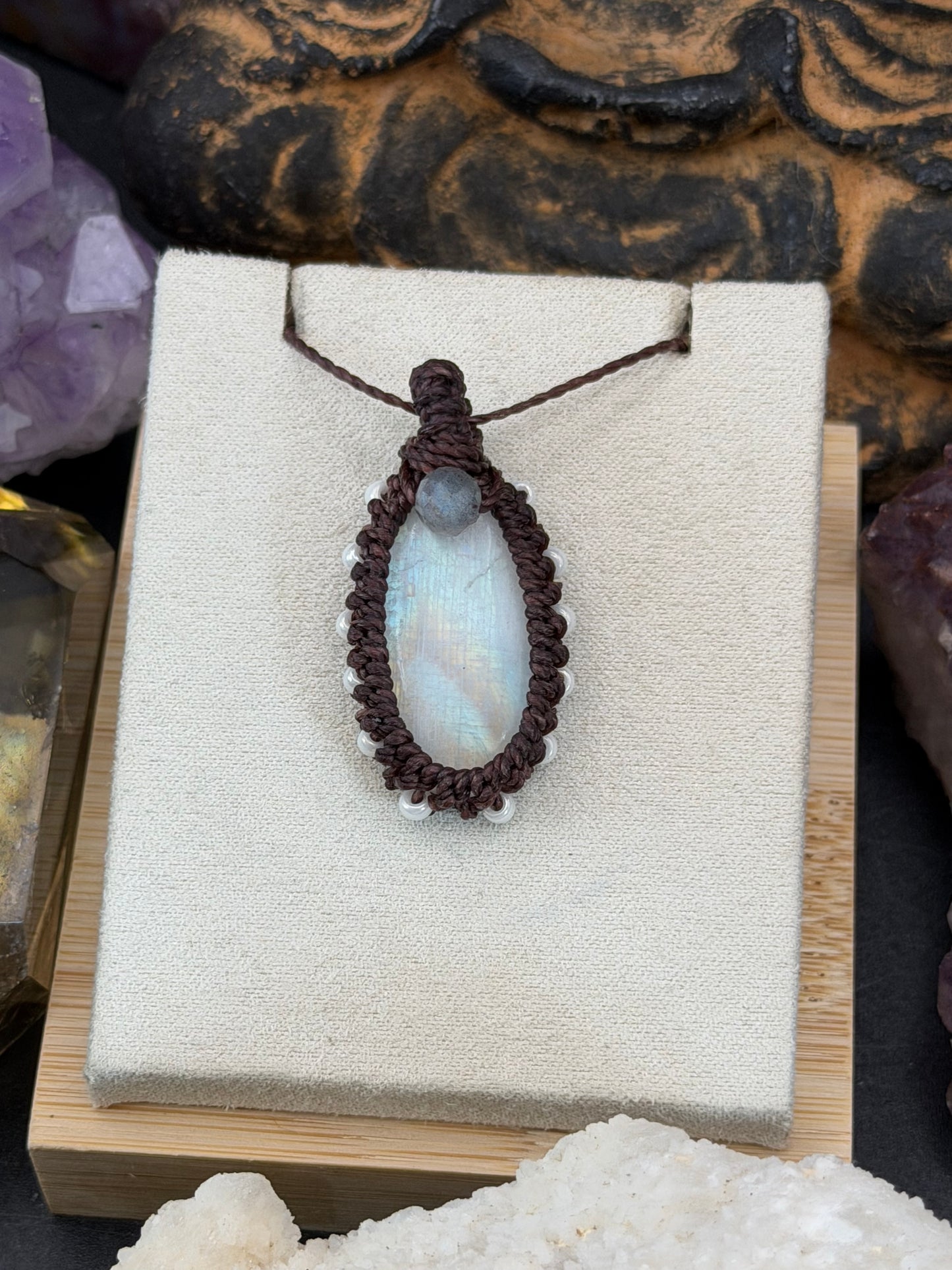 The Starlight Sanctuary: Hand-Knotted Moonstone & Labradorite Macrame Necklace