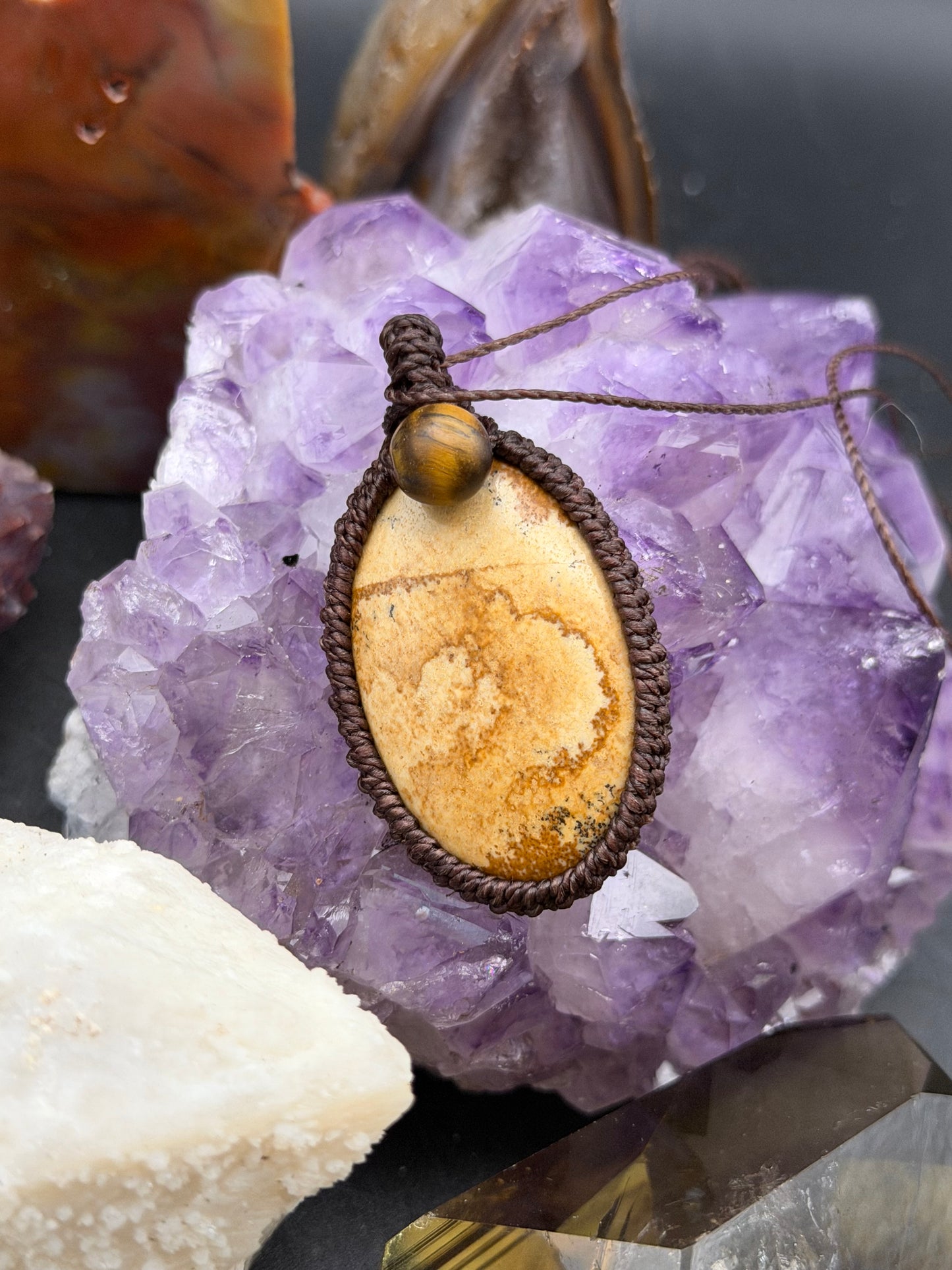 The Solar Gaze: Hand-Knotted Picture Jasper & Tiger's Eye Macrame Necklace