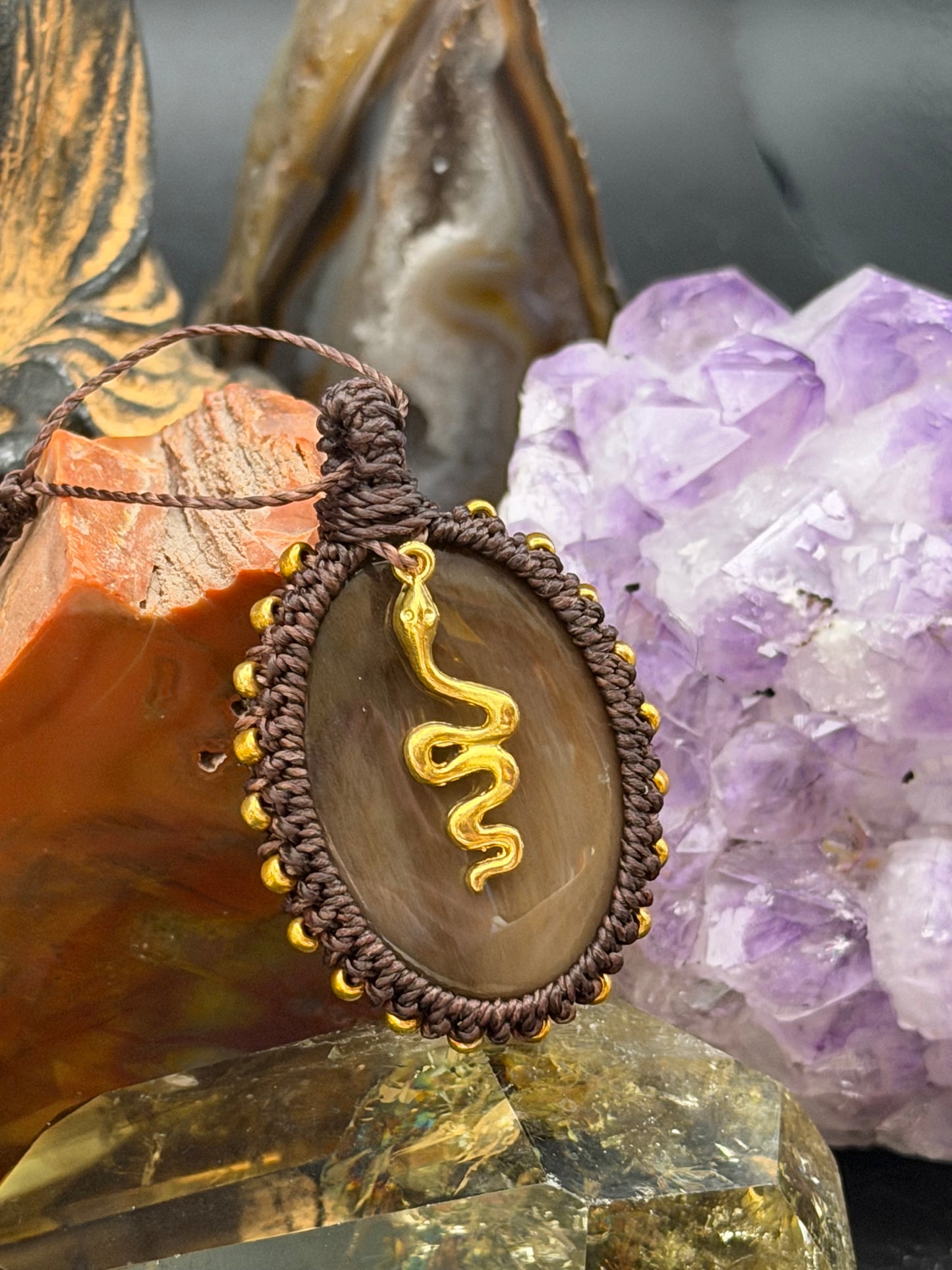 The Forest Echo: Hand-Knotted Petrified Wood Macrame Necklace