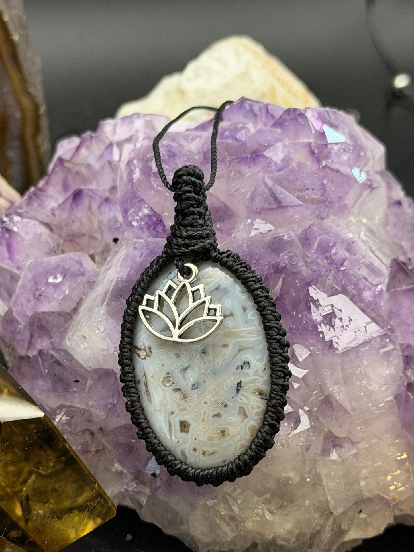 The Stardust Weaver: Hand-Knotted Sagenitic Agate Macrame Necklace