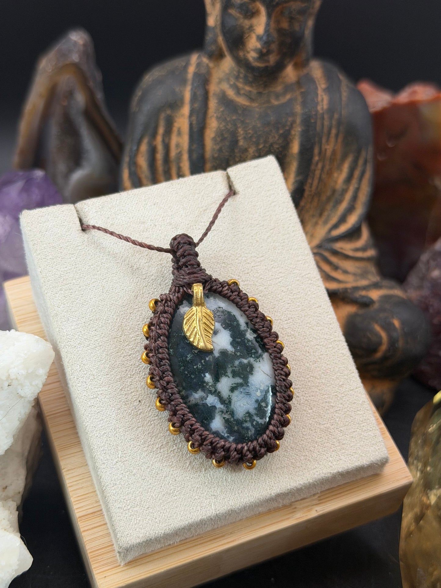 The Lichen Weave: Hand-Knotted Moss Agate Macrame Necklace
