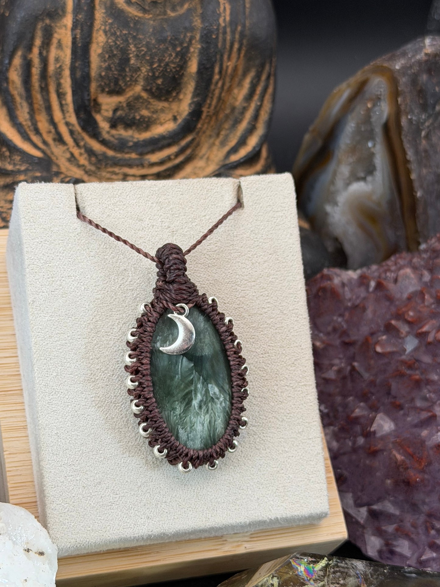 The Silver Moss: Hand-Knotted Seraphinite Macrame Necklace