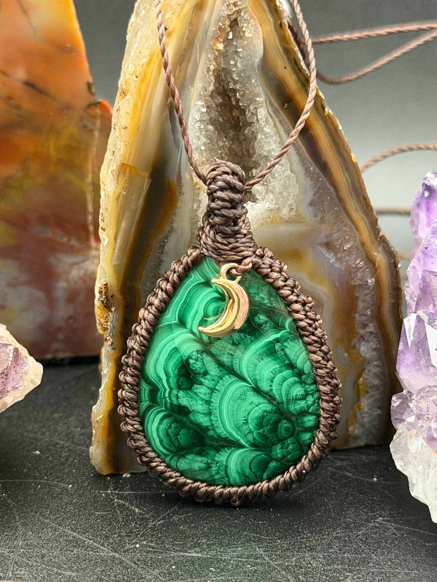 The Mossy Moon: Hand-Knotted Malachite Macrame Necklace