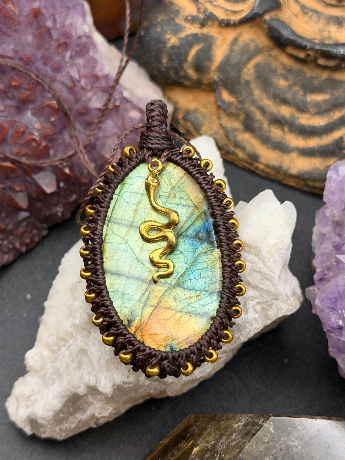 The Ember Within: Hand-Knotted Red Labradorite Macrame Necklace