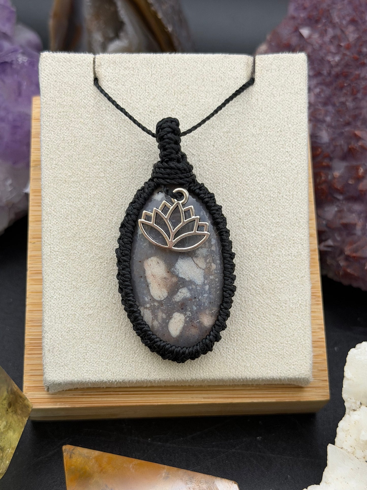 The Lavender Lotus: Hand-Knotted Purple Chalcedony Macrame Necklace