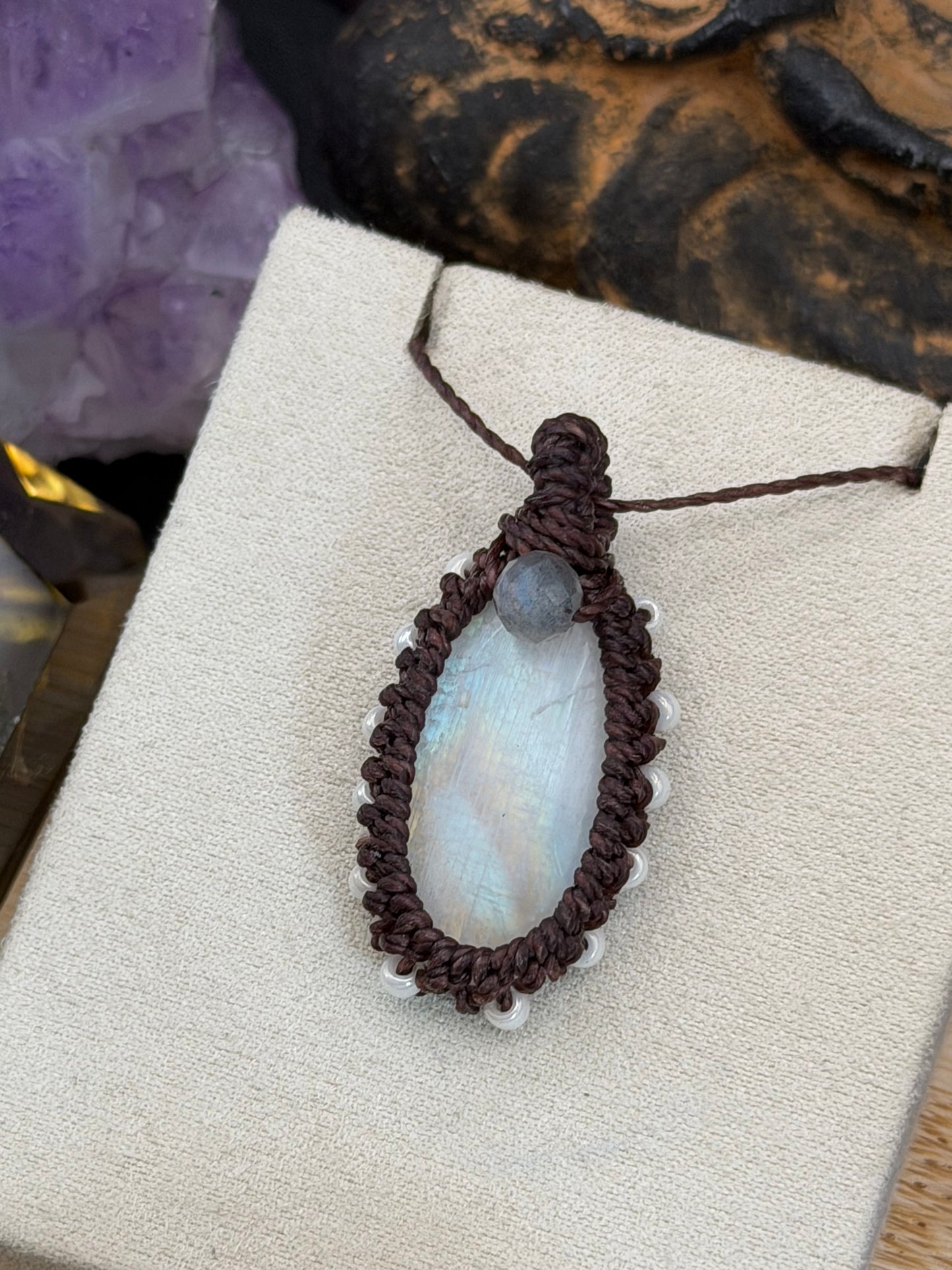 The Starlight Sanctuary: Hand-Knotted Moonstone & Labradorite Macrame Necklace