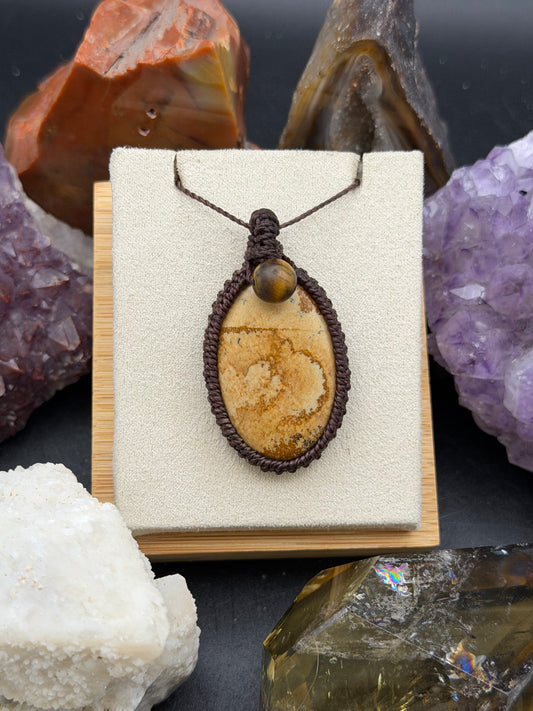 The Solar Gaze: Hand-Knotted Picture Jasper & Tiger's Eye Macrame Necklace