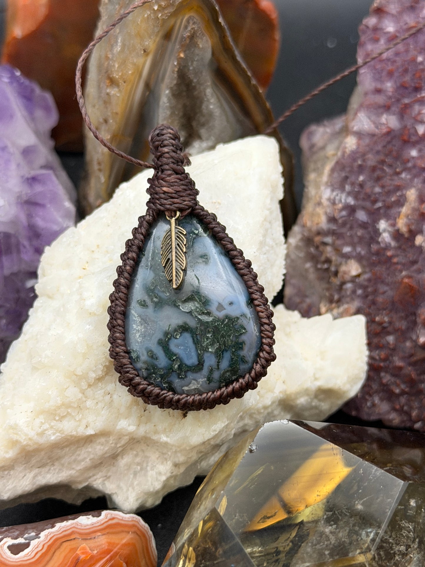 The Lichen Weave: Hand-Knotted Moss Agate Macrame Necklace