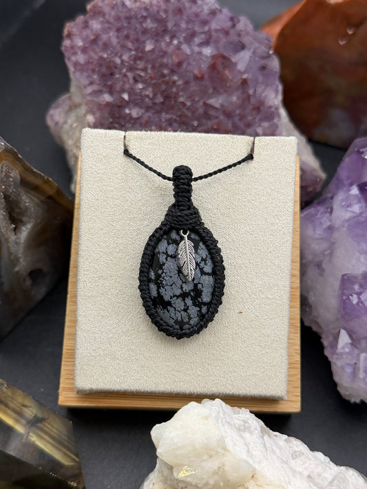 The Midnight Snowfall: Hand-Knotted Snowflake Obsidian Macrame Necklace