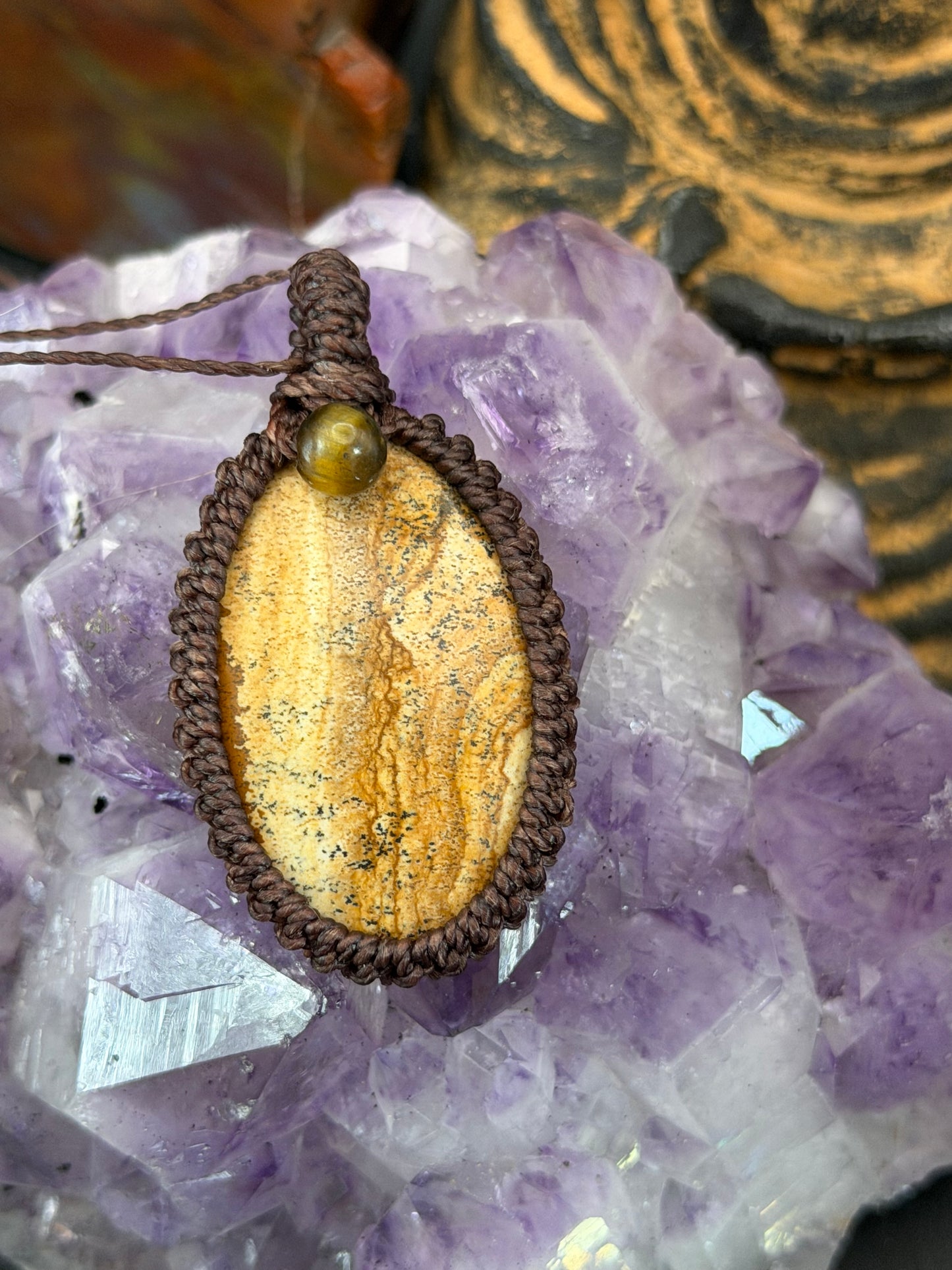 The Steady Centre: Hand-Knotted Picture Jasper & Tiger's Eye Macrame Necklace
