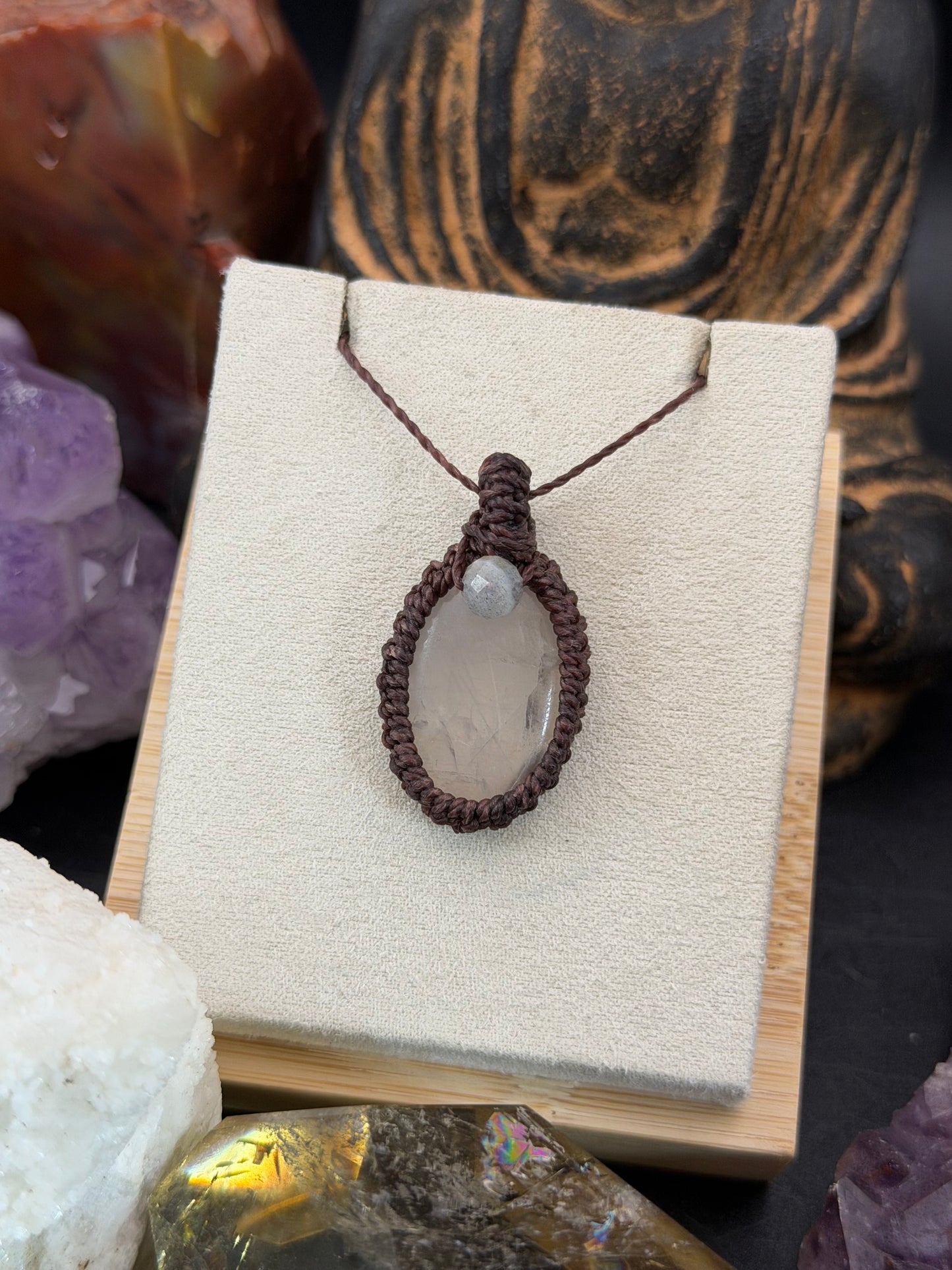 The Wildflower Whisper: Hand-Knotted Rose Quartz & Labradorite Macrame Necklace