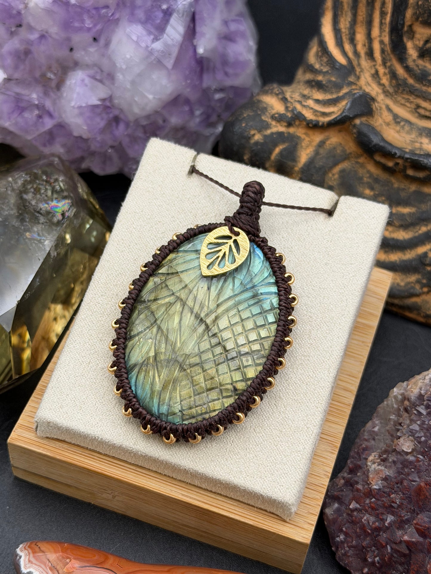 The Celestial Aura: Hand-Knotted Labradorite Macrame Necklace