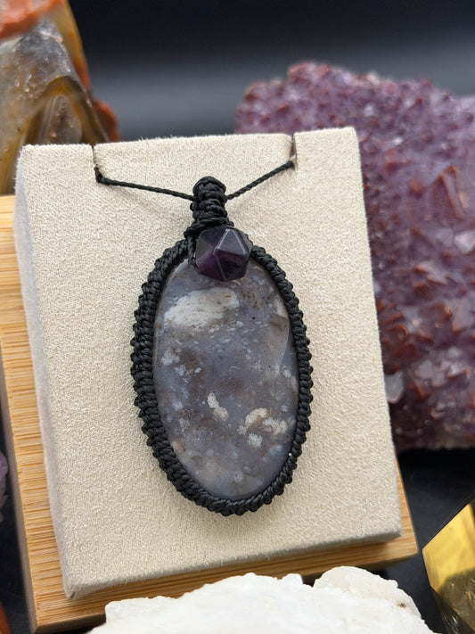 The Celestial Twilight: Hand-Knotted Purple Chalcedony & Amethyst Macrame Necklace