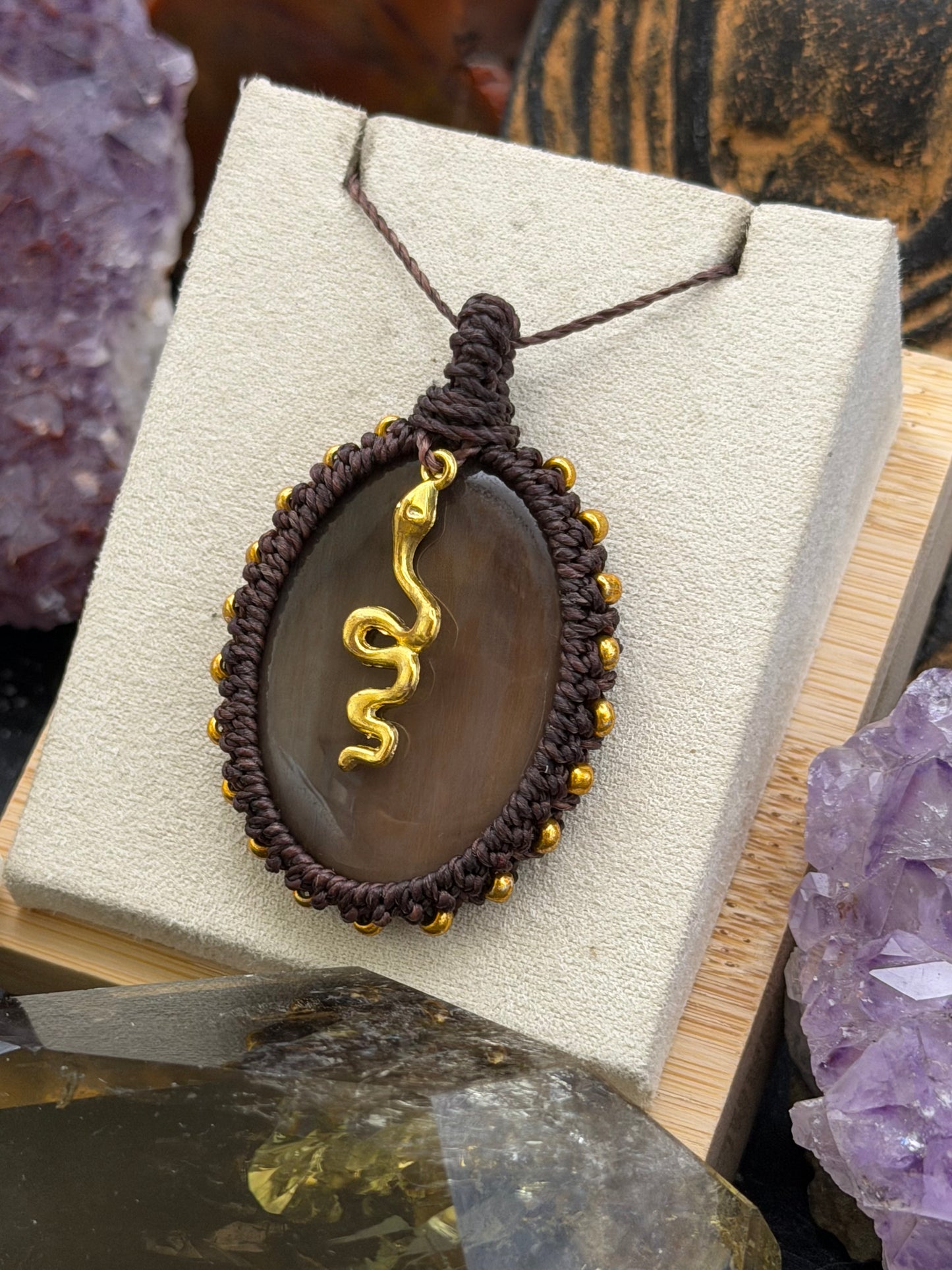 The Forest Echo: Hand-Knotted Petrified Wood Macrame Necklace