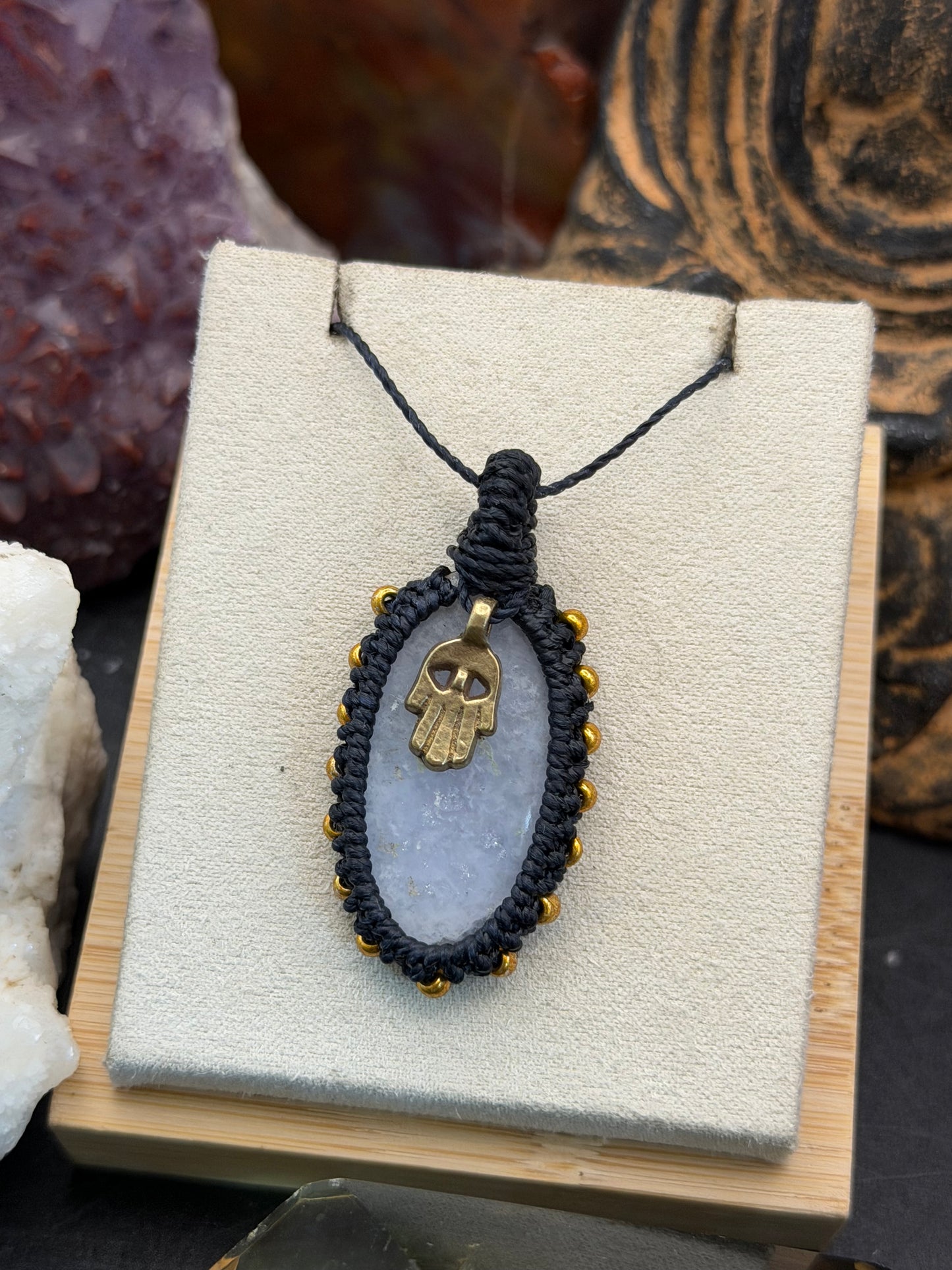 The Serenity Tide: Hand-Knotted Blue Lace Agate Macrame Necklace