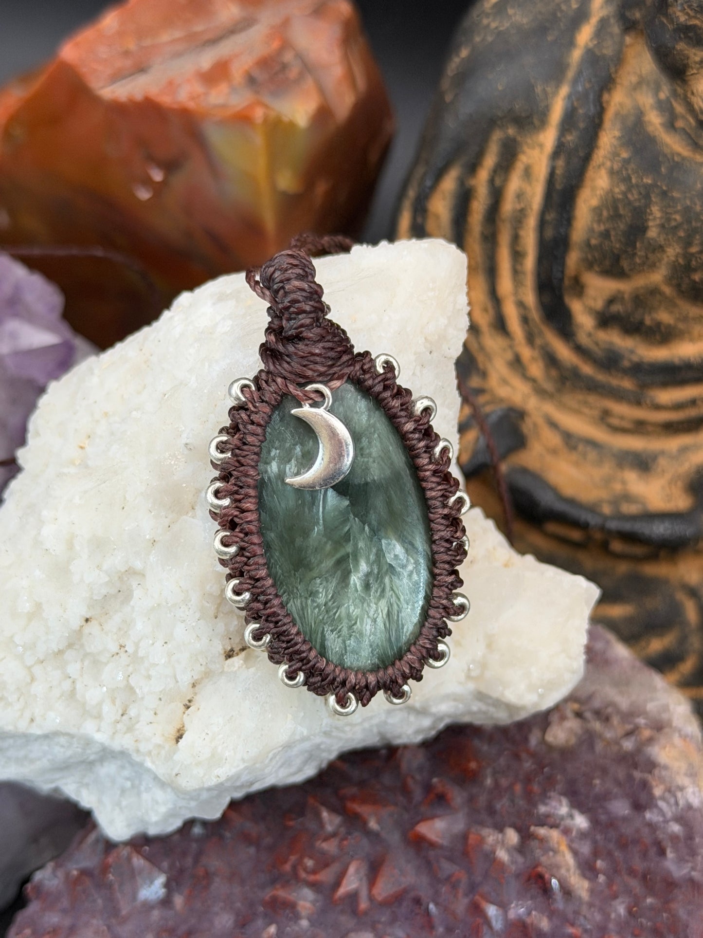 The Silver Moss: Hand-Knotted Seraphinite Macrame Necklace