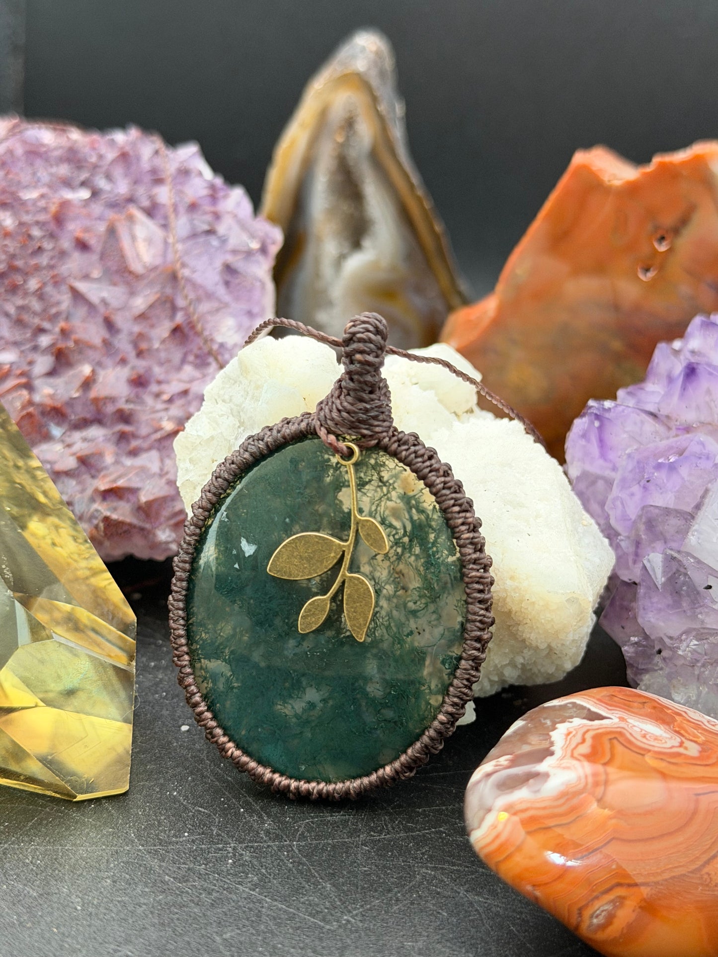 The Ancient Fern: Hand-Knotted Moss Agate Macrame Necklace