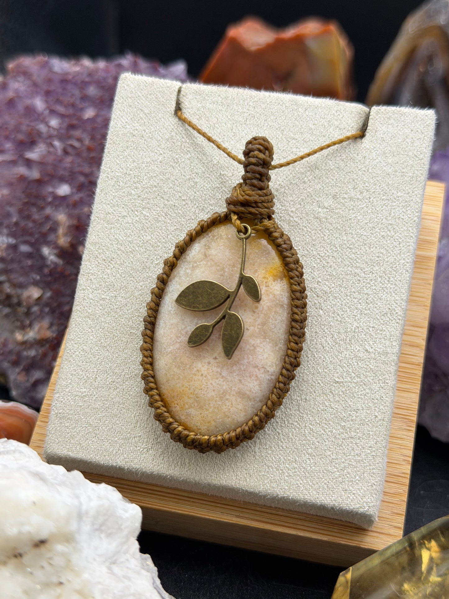 The Petrified Petal: Hand-Knotted Agatized Coral Macrame Necklace