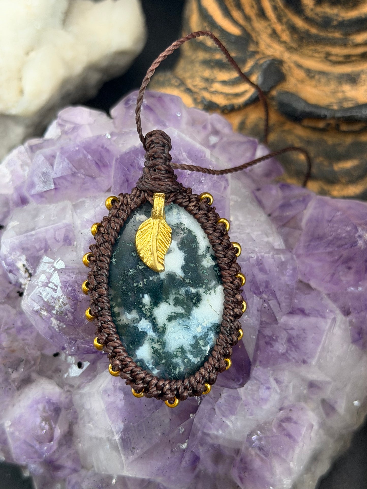 The Lichen Weave: Hand-Knotted Moss Agate Macrame Necklace