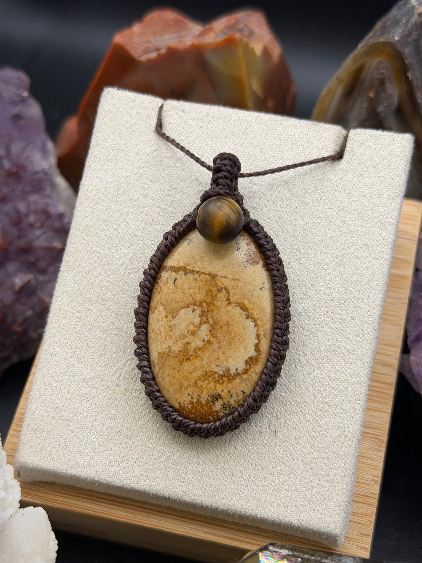 The Solar Gaze: Hand-Knotted Picture Jasper & Tiger's Eye Macrame Necklace