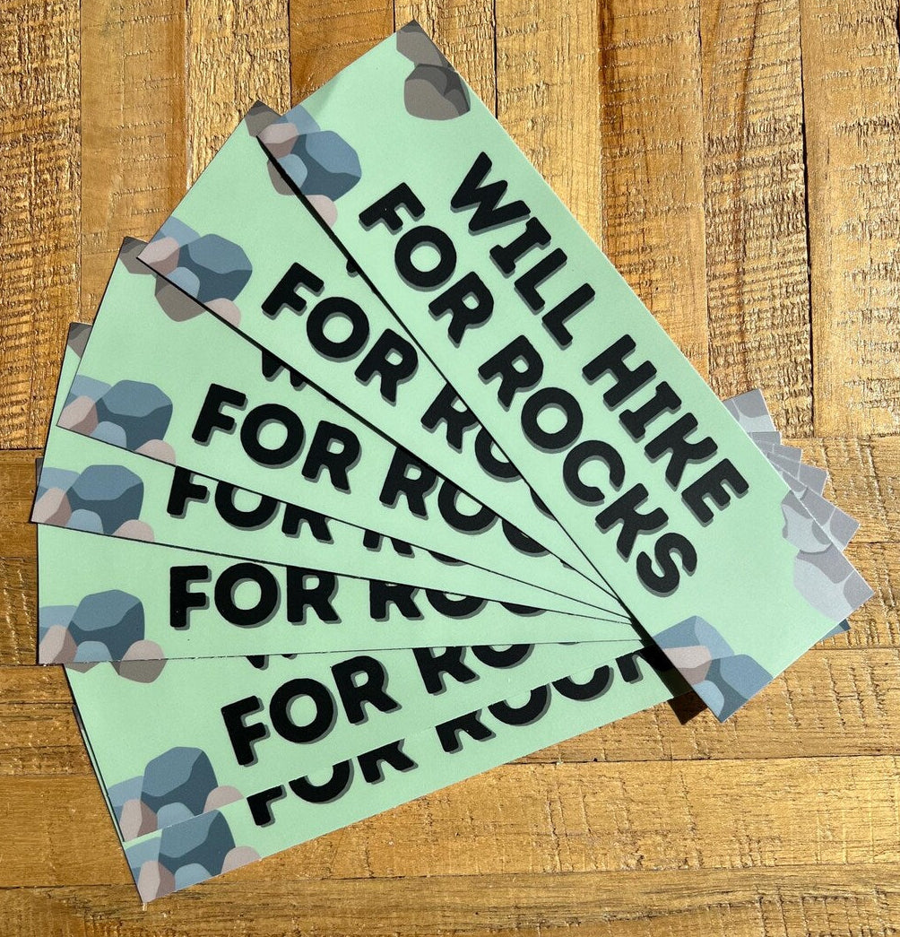 "Will Hike For Rocks" Vinyl Bumper Sticker