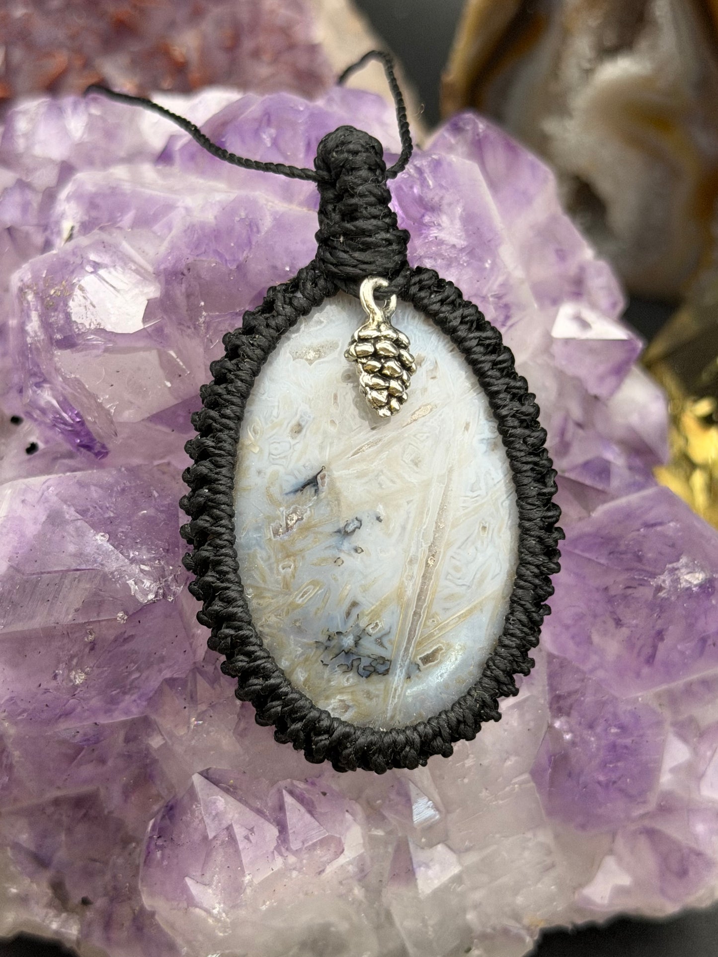 The Winter’s Web: Hand-Knotted Sagenitic Agate Macrame Necklace