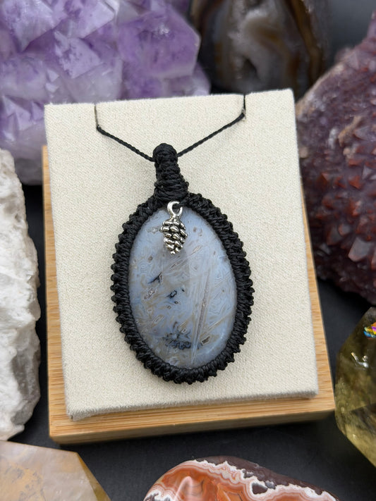 The Winter’s Web: Hand-Knotted Sagenitic Agate Macrame Necklace