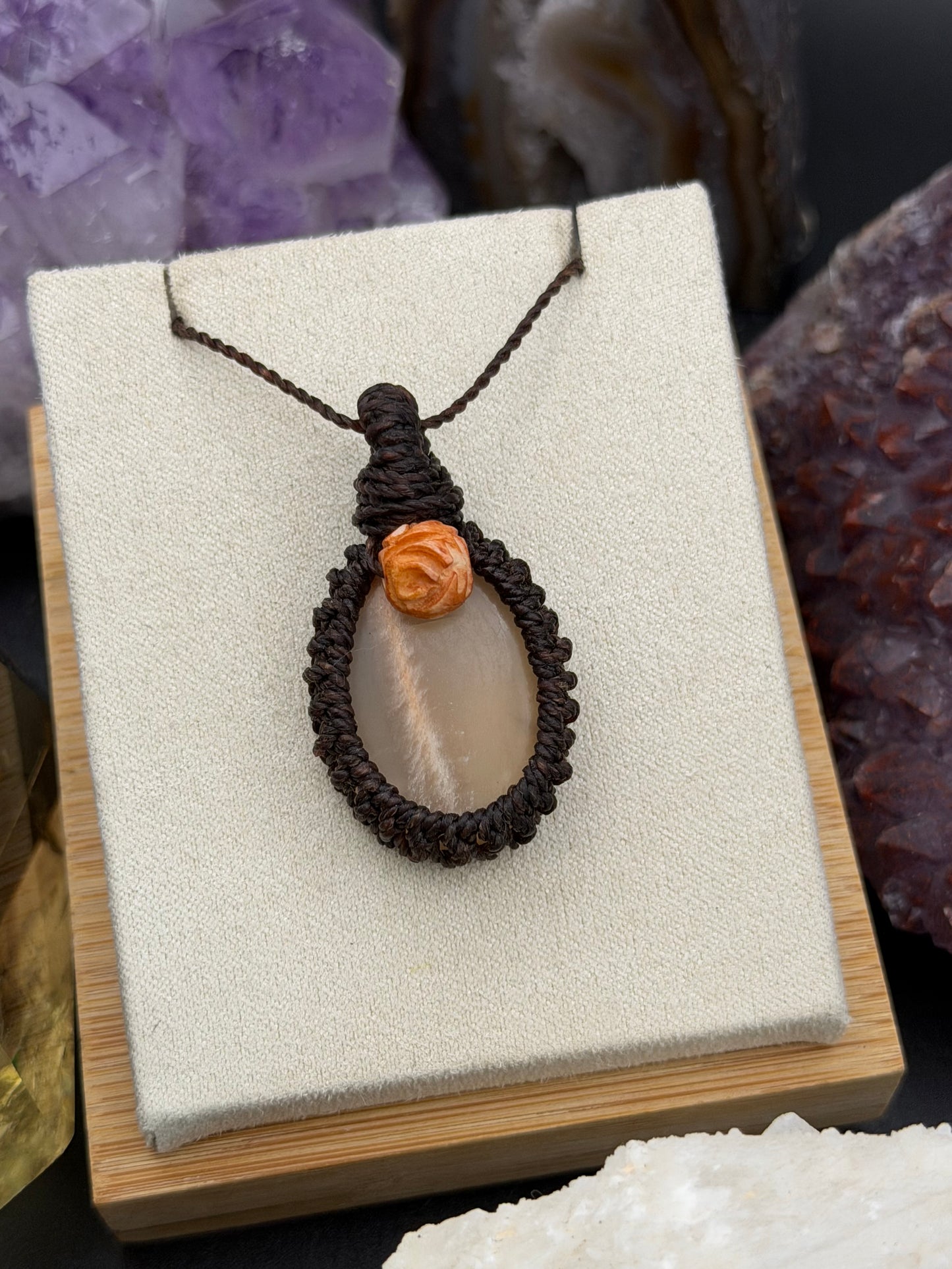 The Solstice Glow: Hand-Knotted Peach Moonstone Macrame Necklace