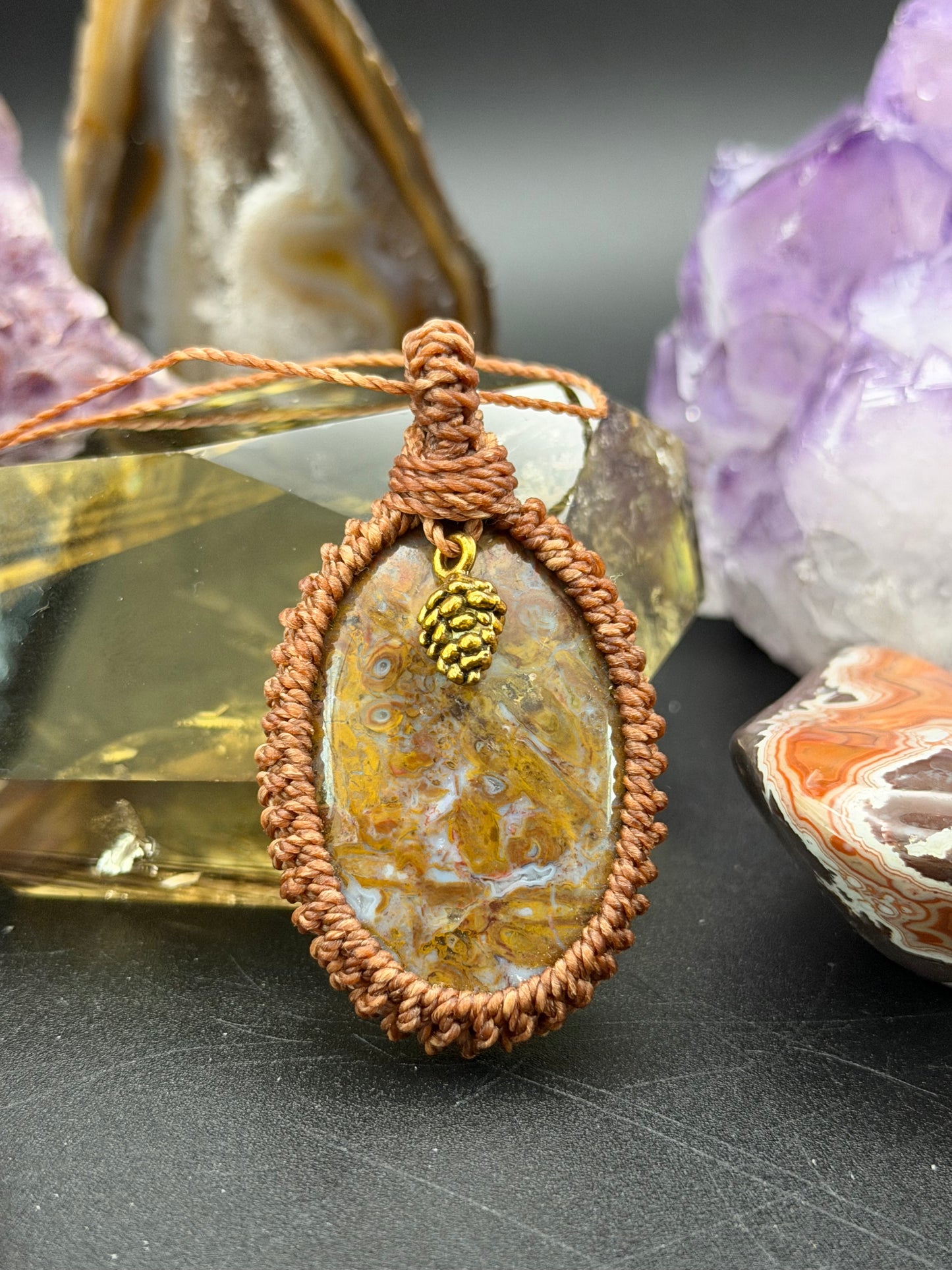 The Ancient Grove: Hand-Knotted Agatized Wood Macrame Necklace